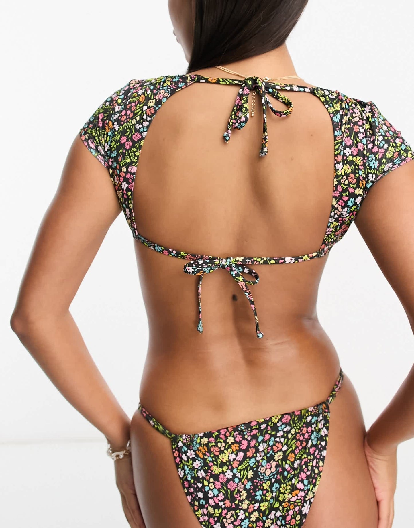 Miss Selfridge ditsy cup detail open back bikini top in multi