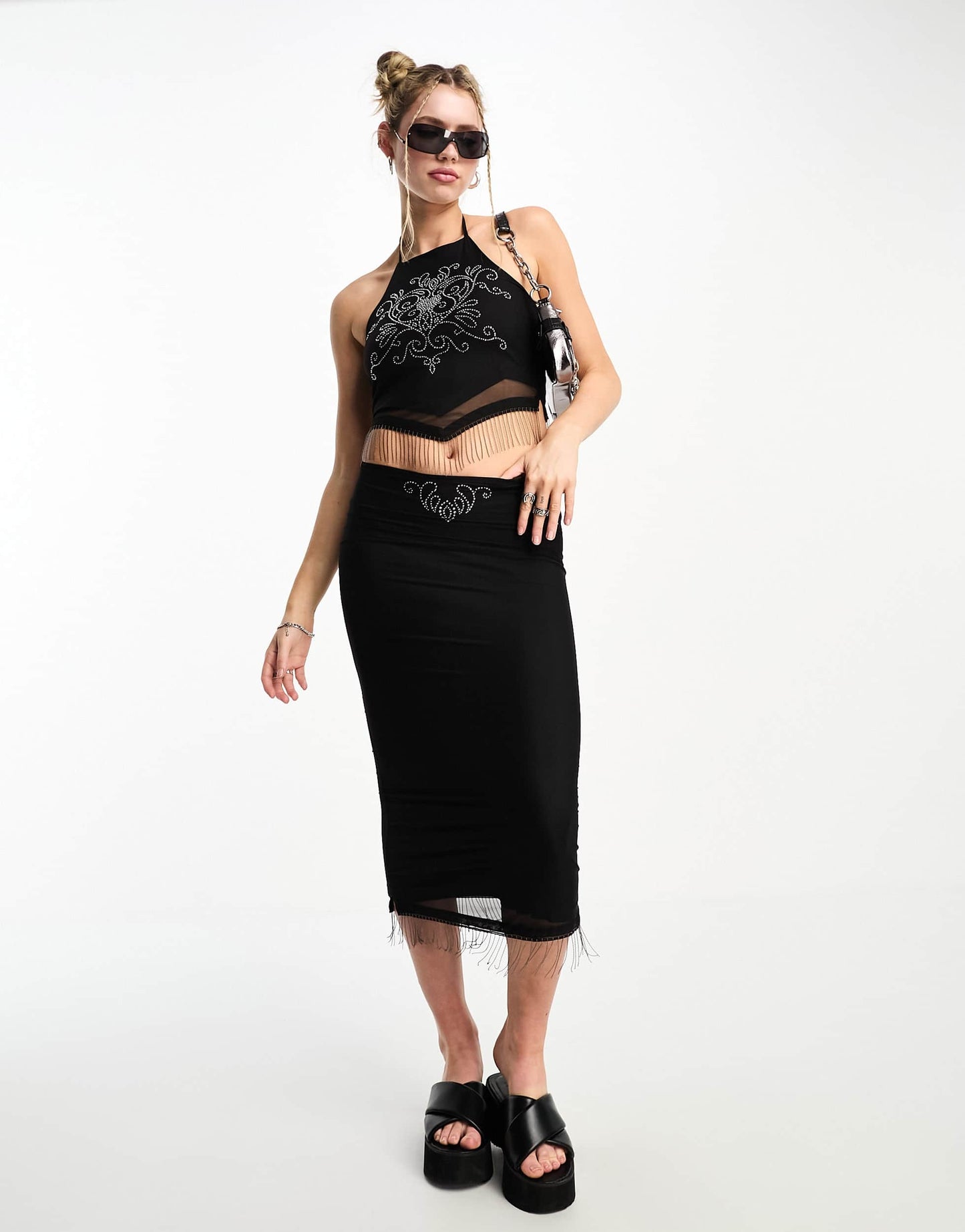 Tammy Girl halter neck tassle crop top with rhinestones co-ord in black