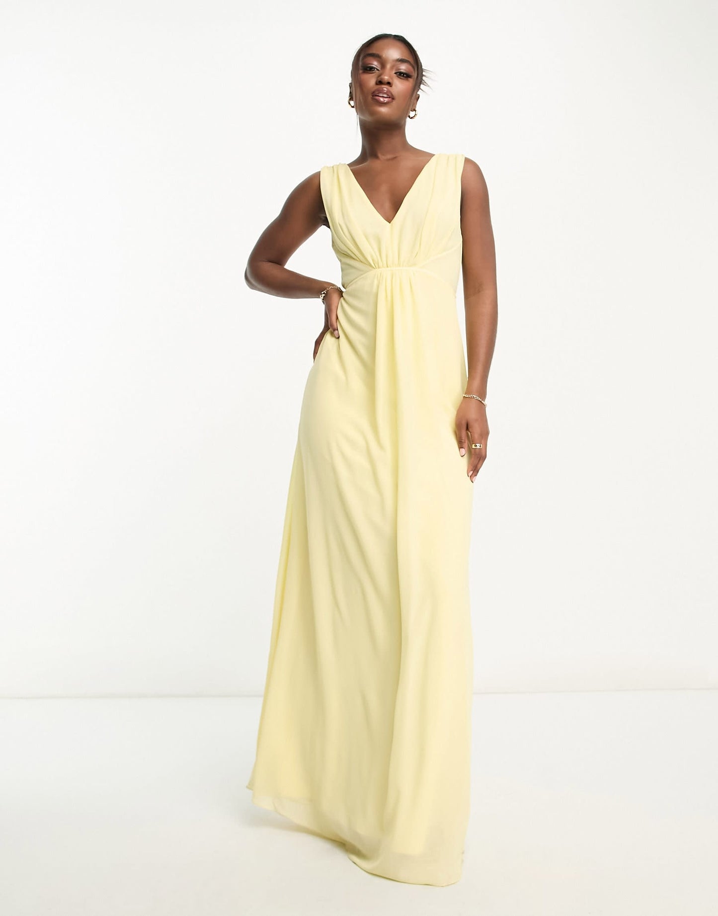 TFNC Bridesmaid v neck chiffon maxi dress in lemon