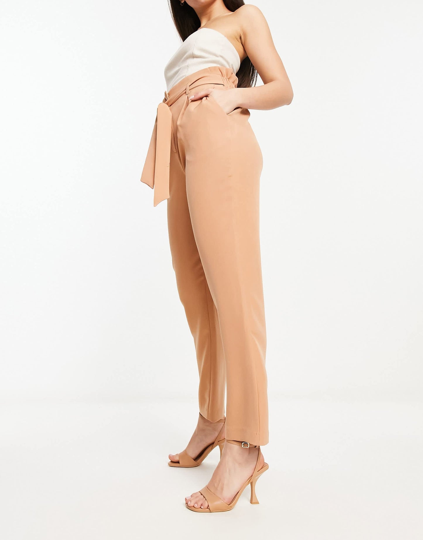 New Look paperbag tie waist straight leg trousers in camel