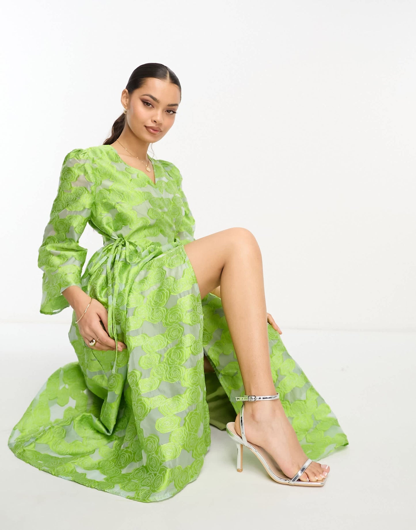 Y.A.S Petite jacquard wrap midi dress in green