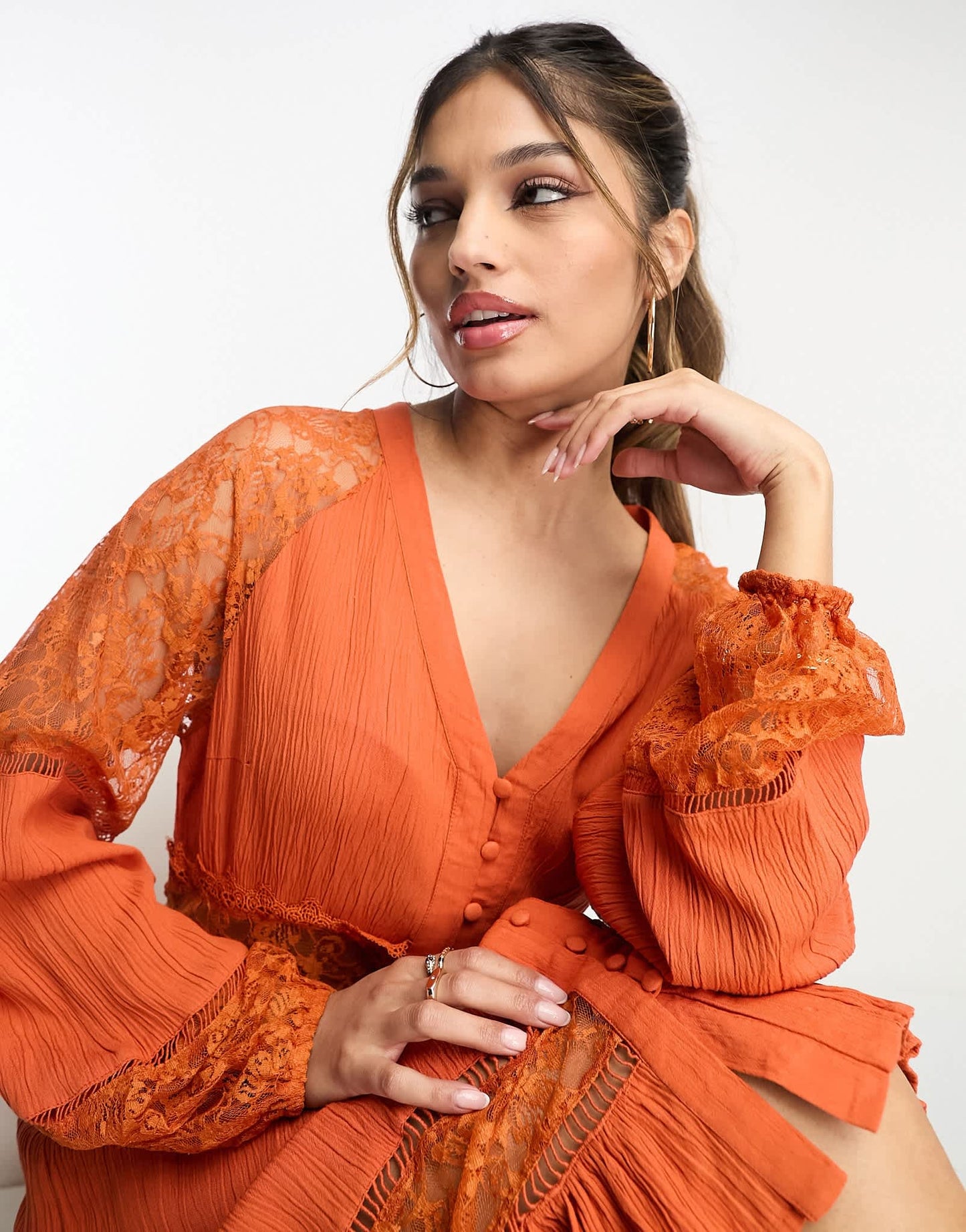 Y.A.S long sleeve mini dress with lace inserts in rust