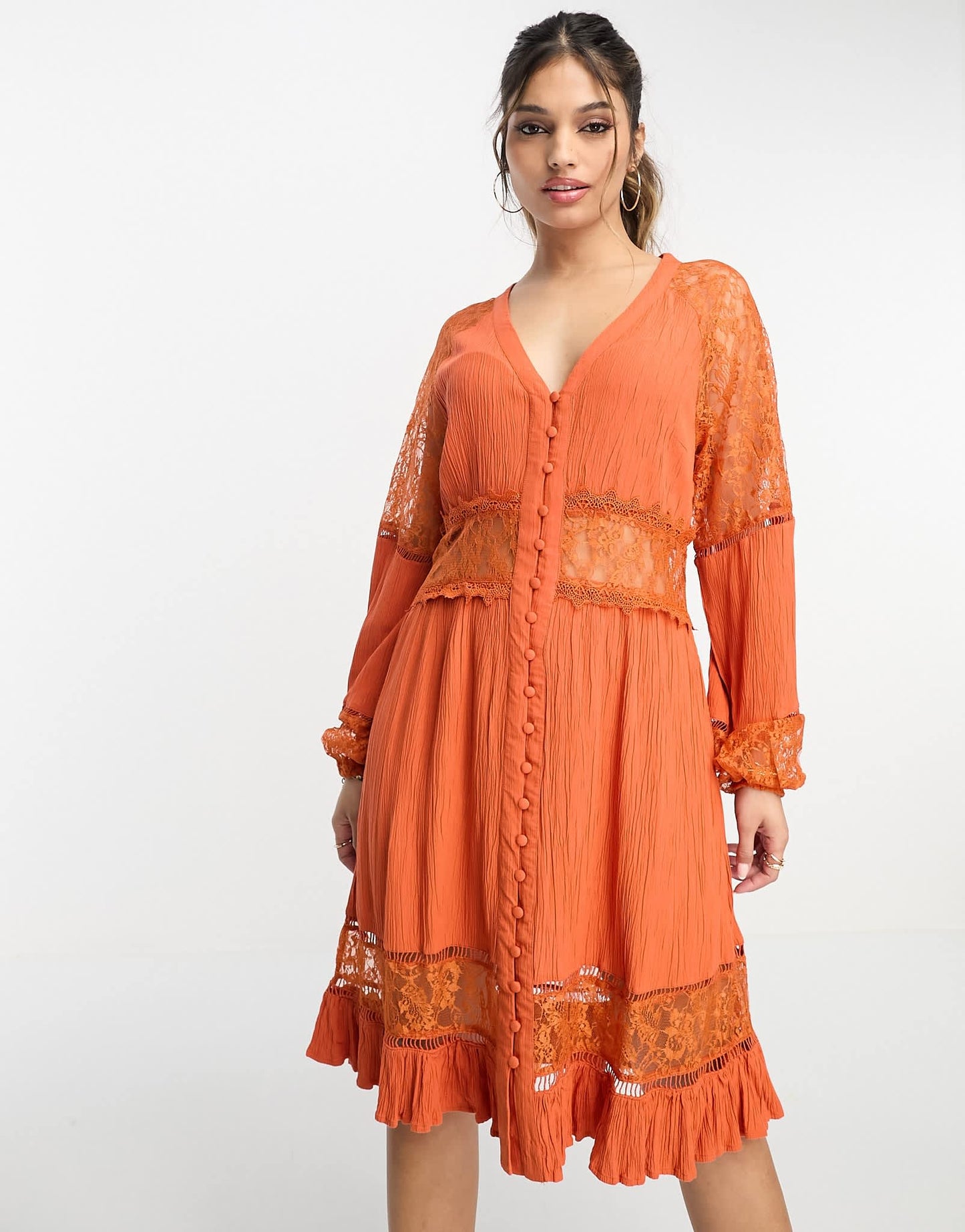 Y.A.S long sleeve mini dress with lace inserts in rust