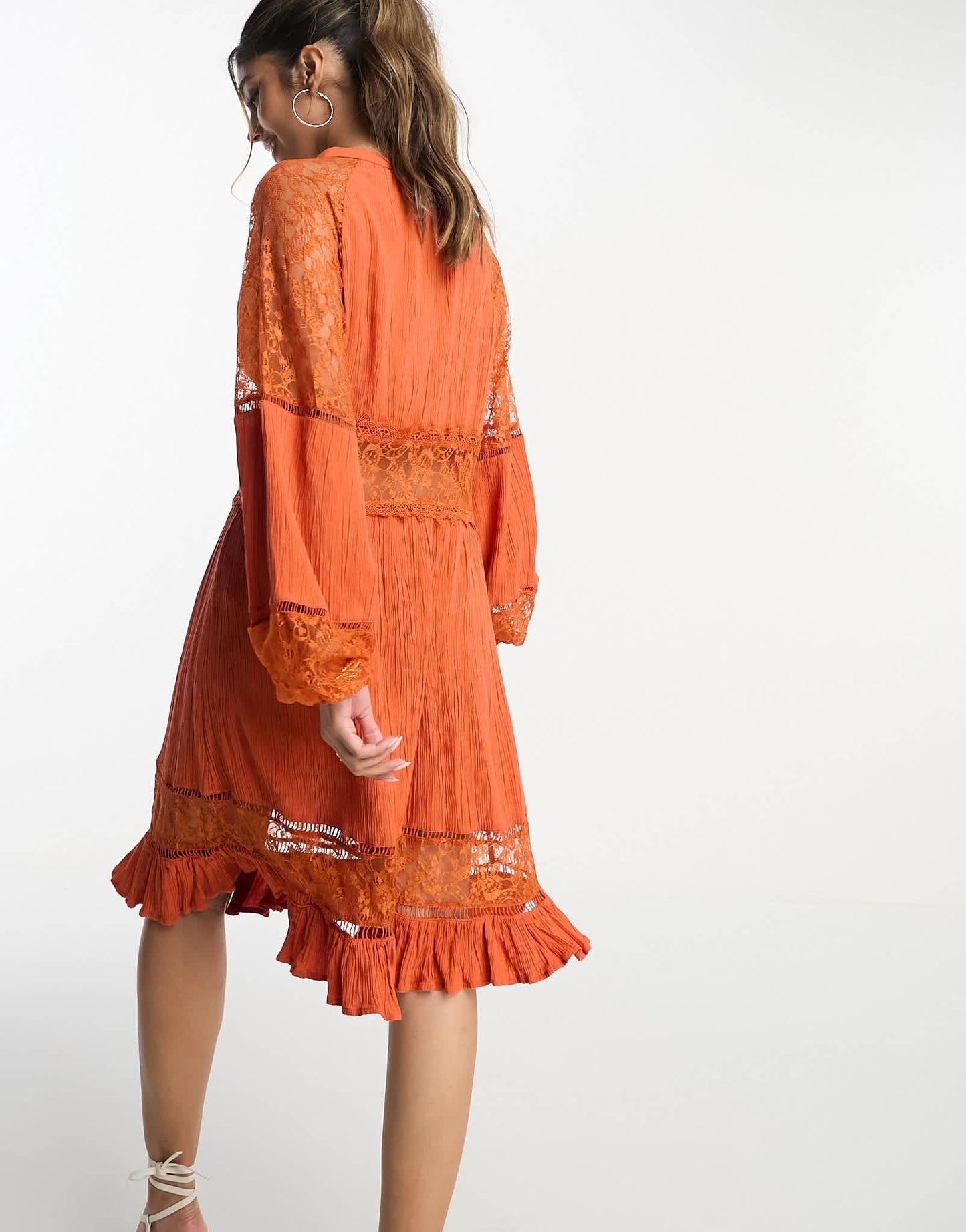 Y.A.S long sleeve mini dress with lace inserts in rust