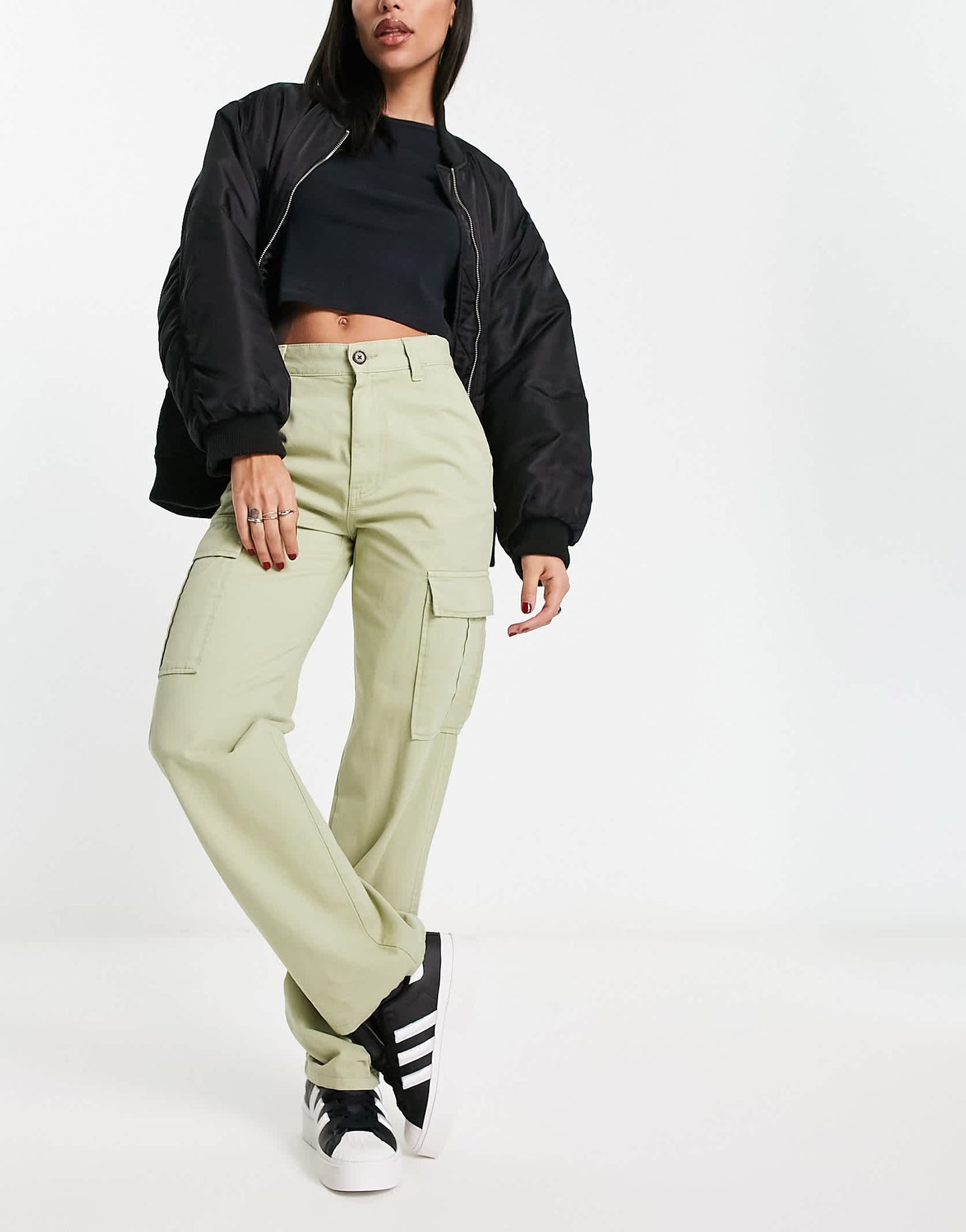 Stradivarius straight leg high waisted cargo trouser in light khaki