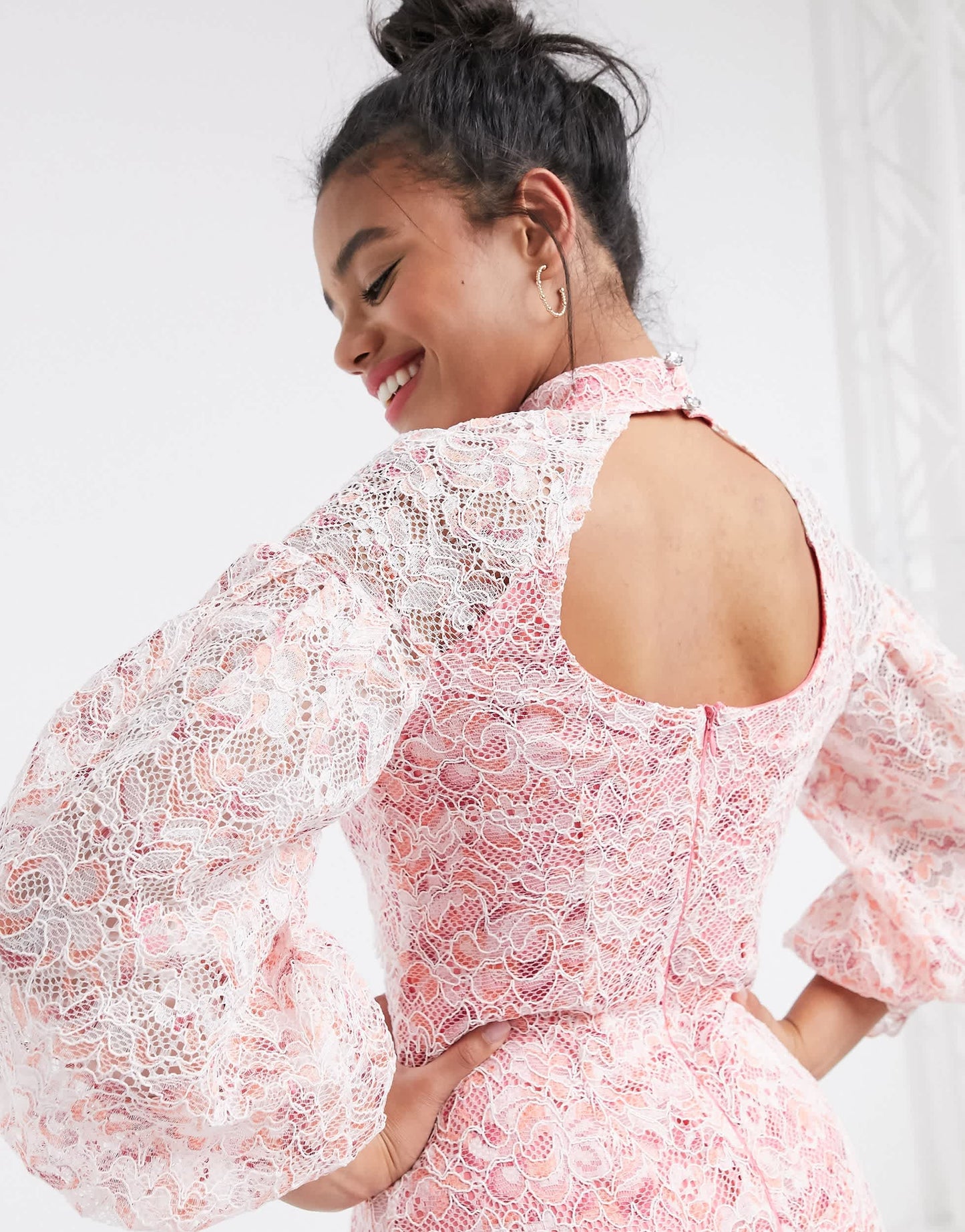 River Island lace volume sleeve mini dress in pink