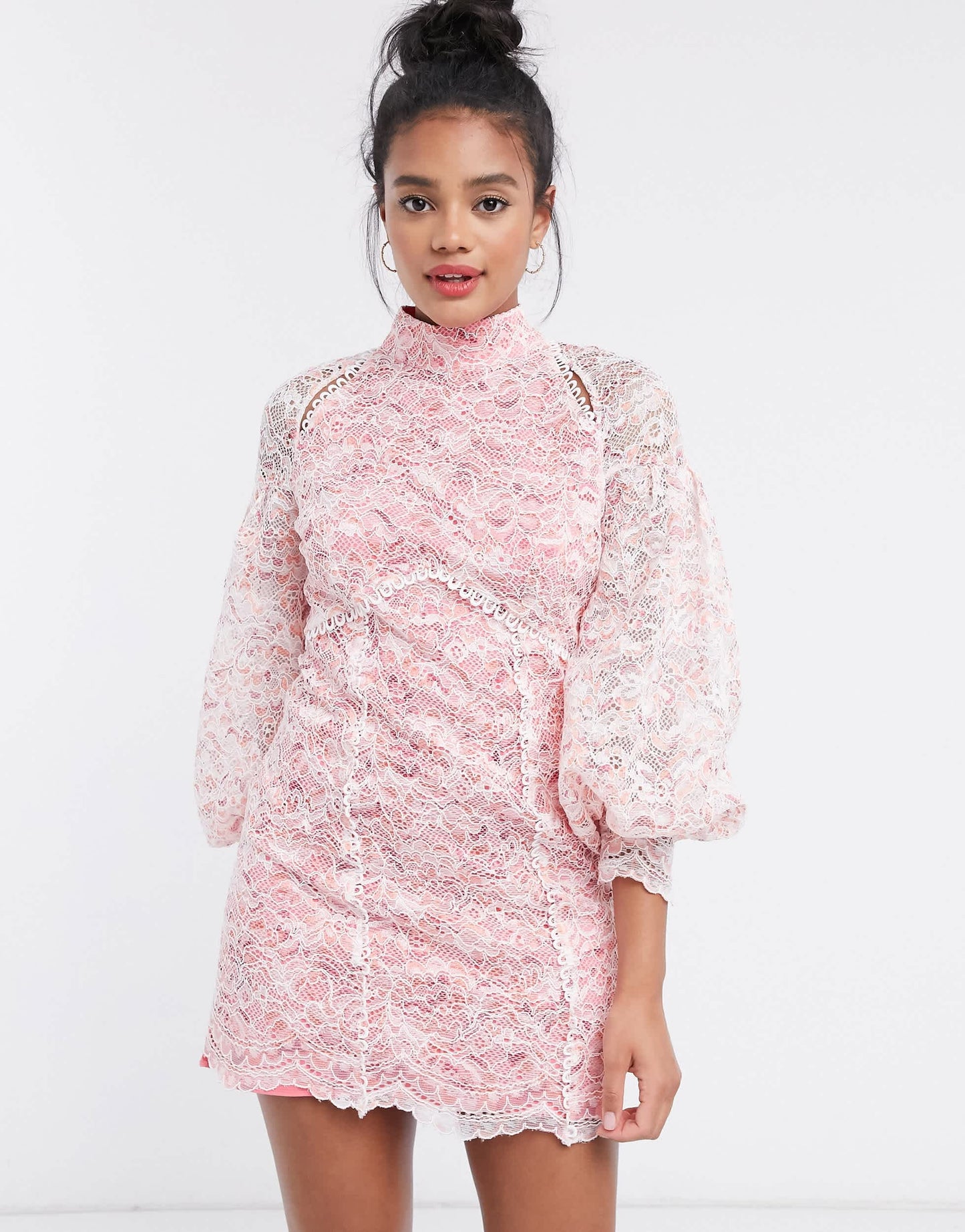 River Island lace volume sleeve mini dress in pink