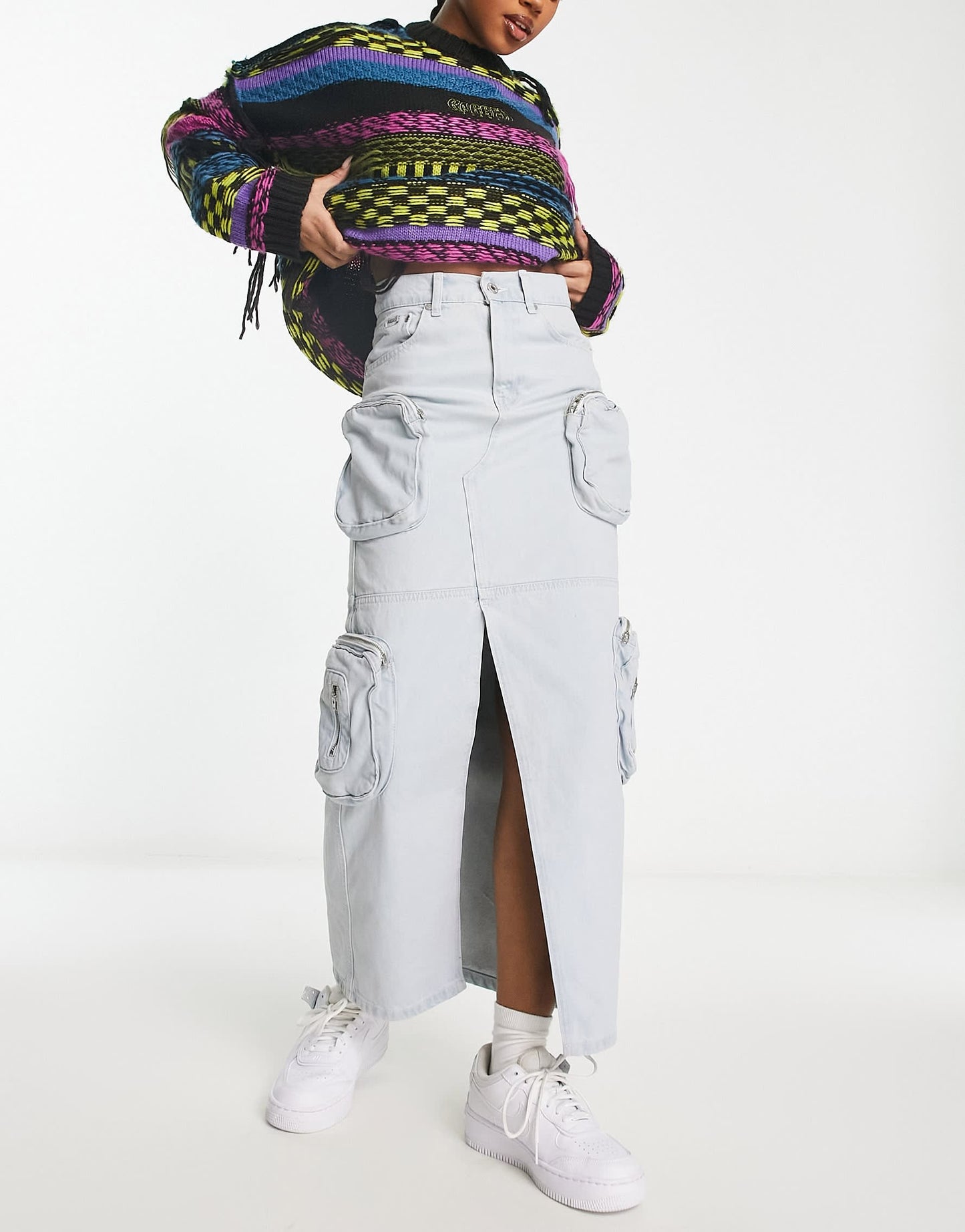 The Ragged Priest cargo maxi skirt in stone wash denim