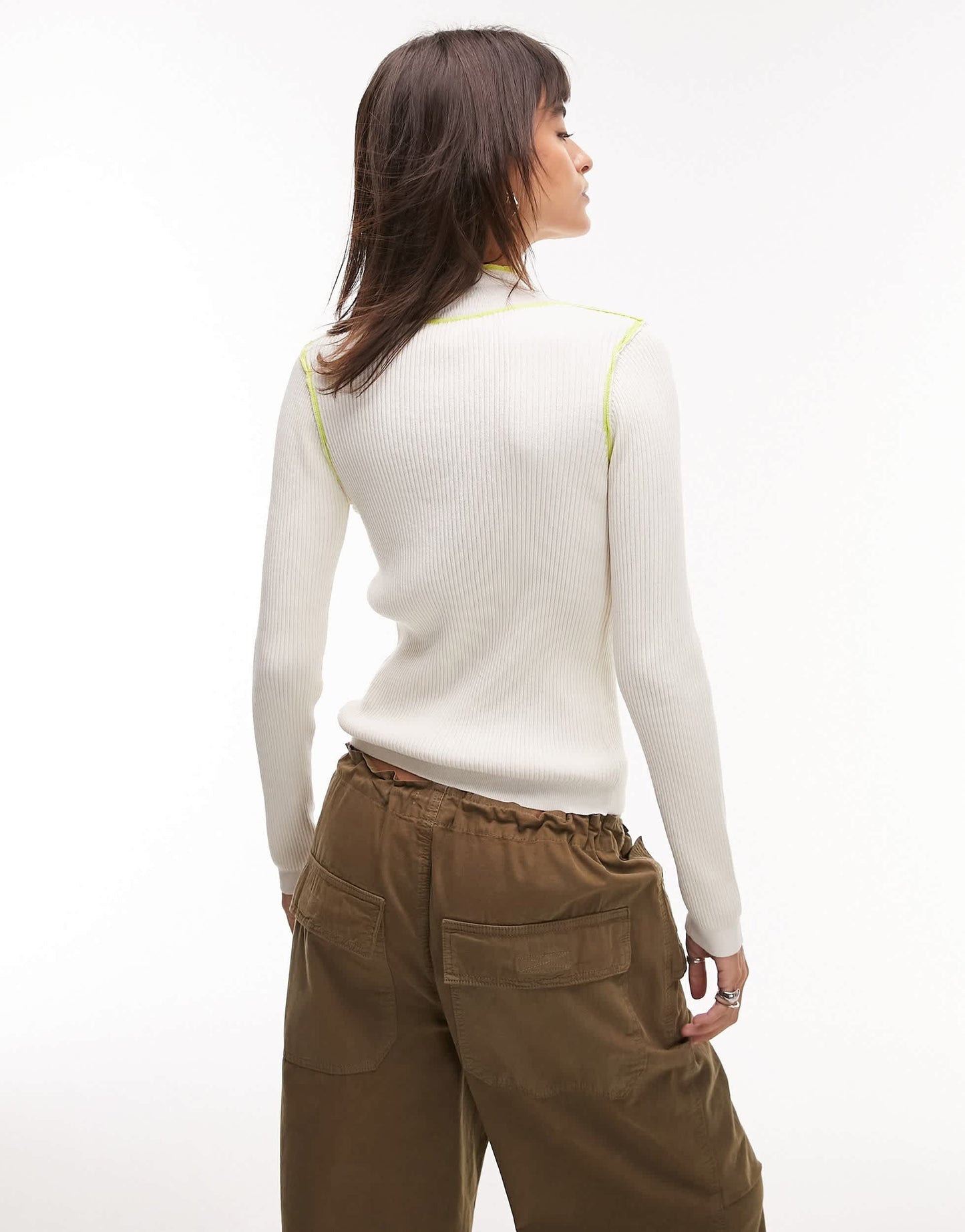 Topshop knitted fine gauge contrast trim long sleeve top in cream