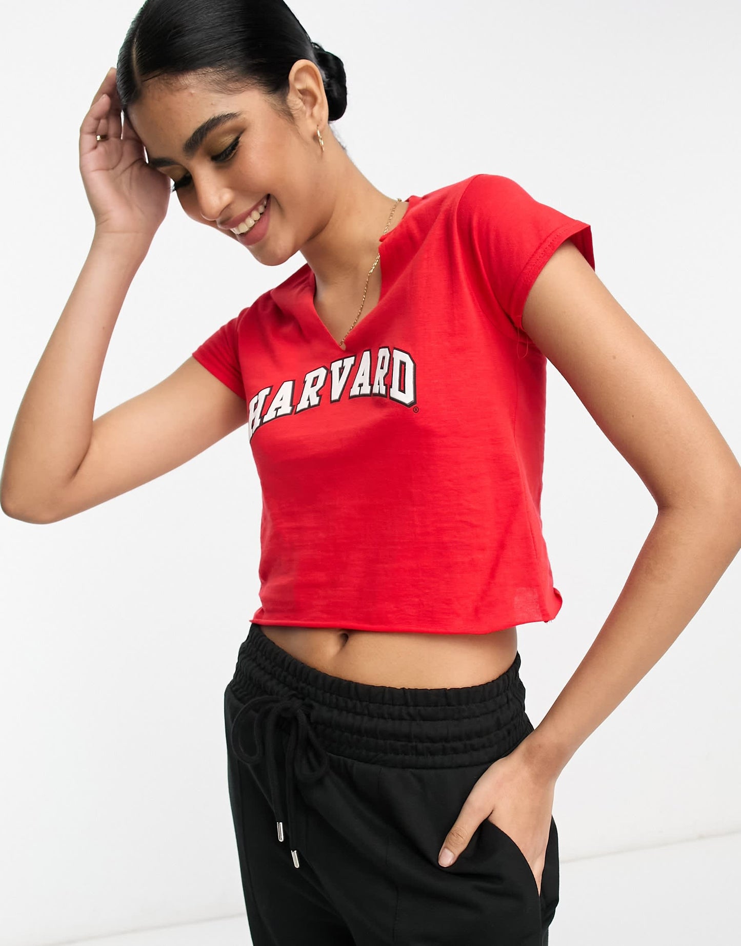 ASOS DESIGN slashed neck harvard license graphic tee in red