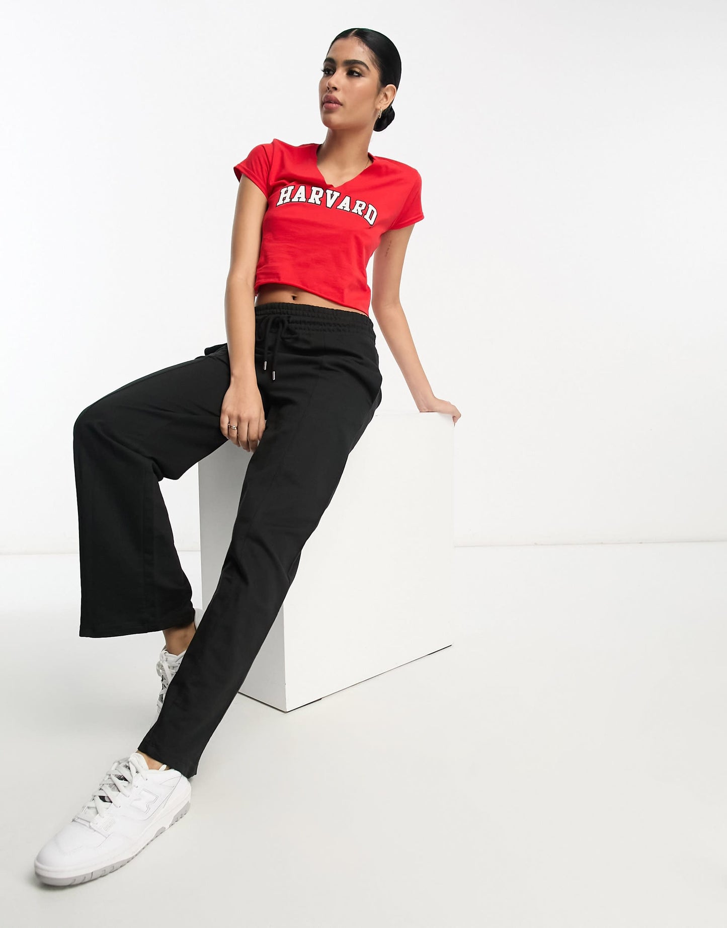 ASOS DESIGN slashed neck harvard license graphic tee in red