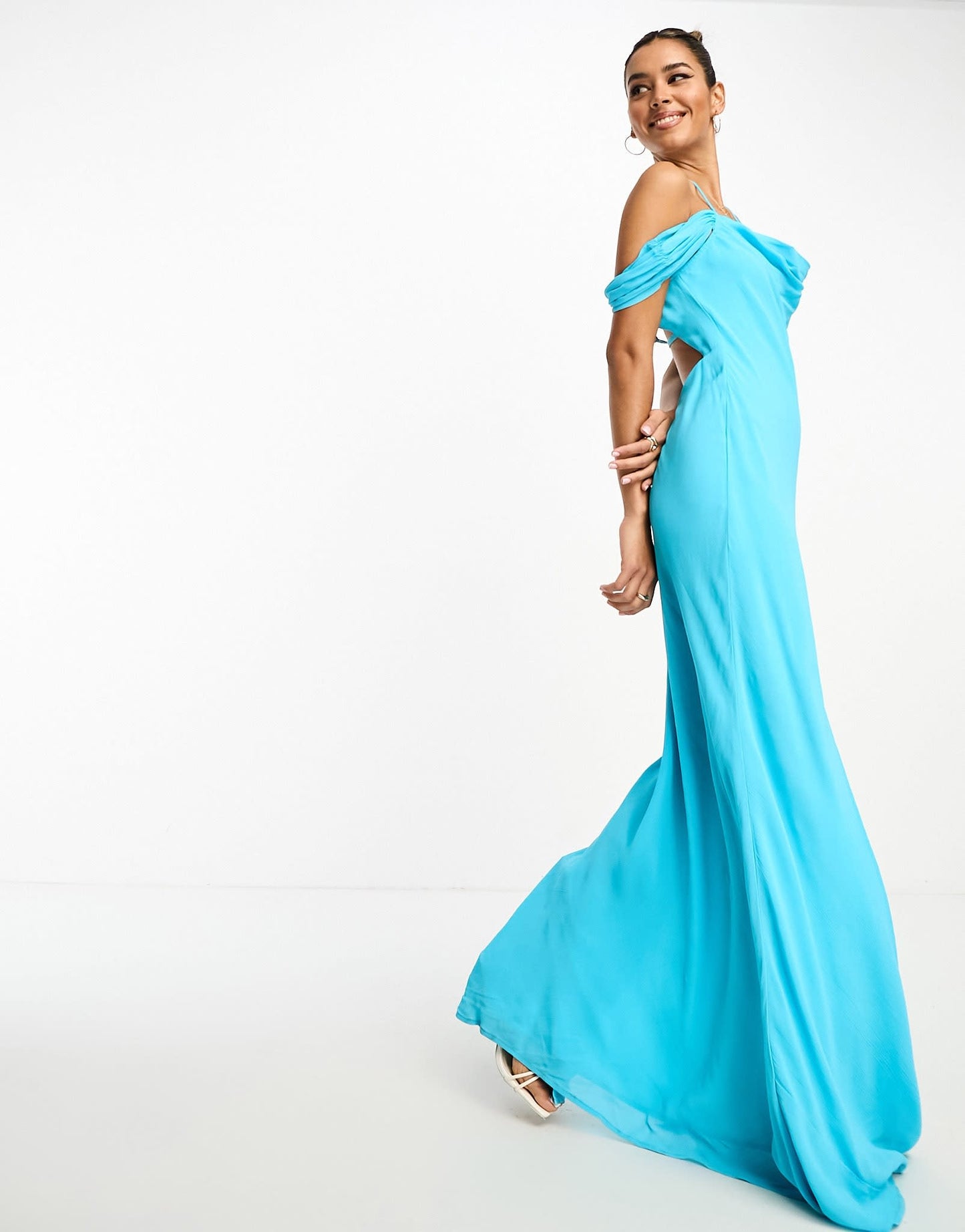 ASOS DESIGN cap sleeve strappy open back bias midi dress in turqouise
