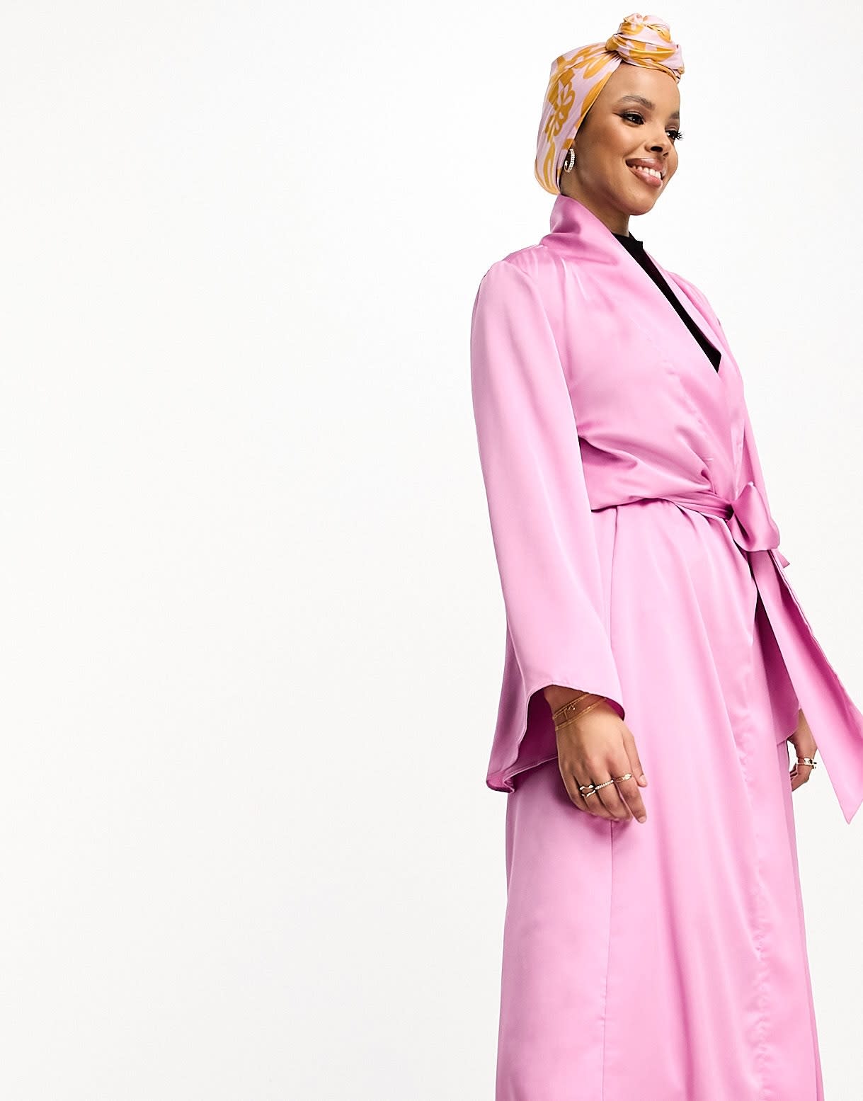 Trendyol wide sleeve belted dress in hot pink satin