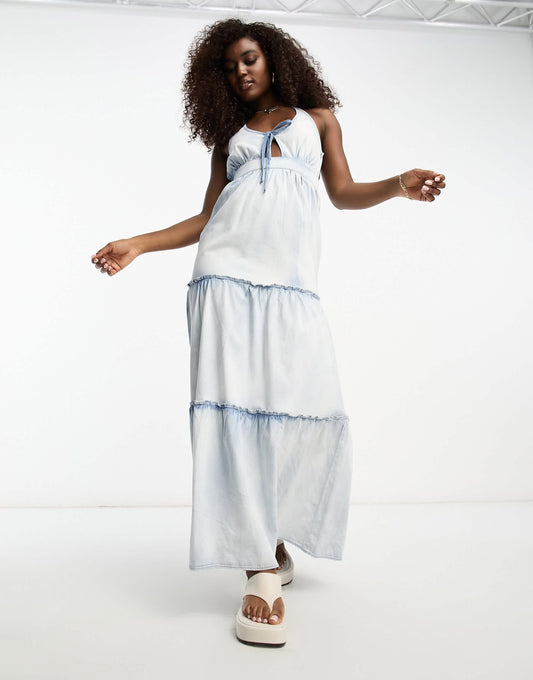 Miss Selfridge tiered denim maxi dress in mid wash