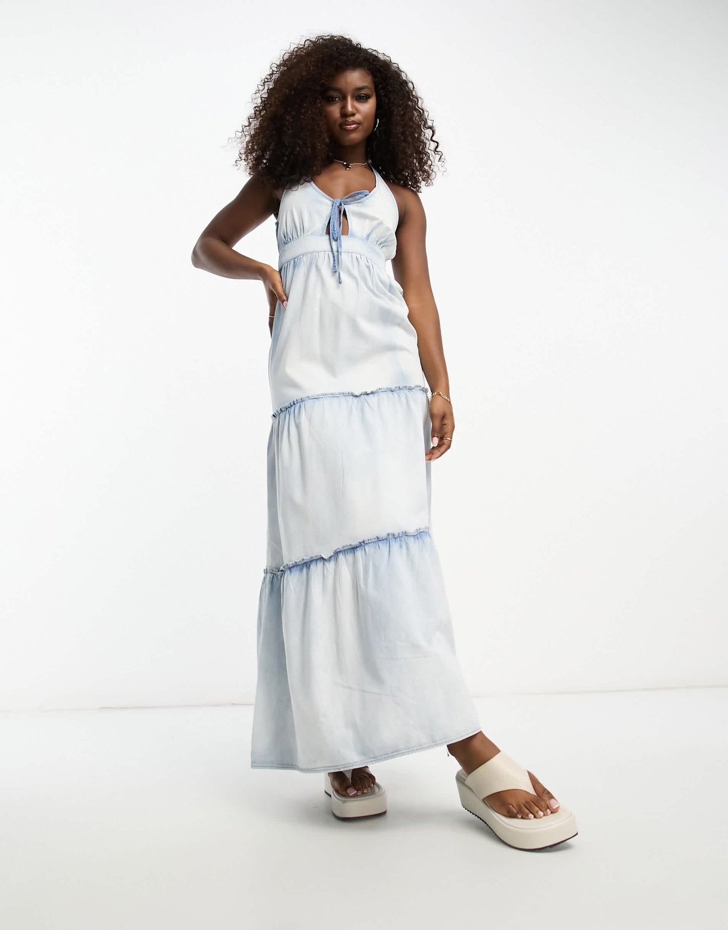 Miss Selfridge tiered denim maxi dress in mid wash