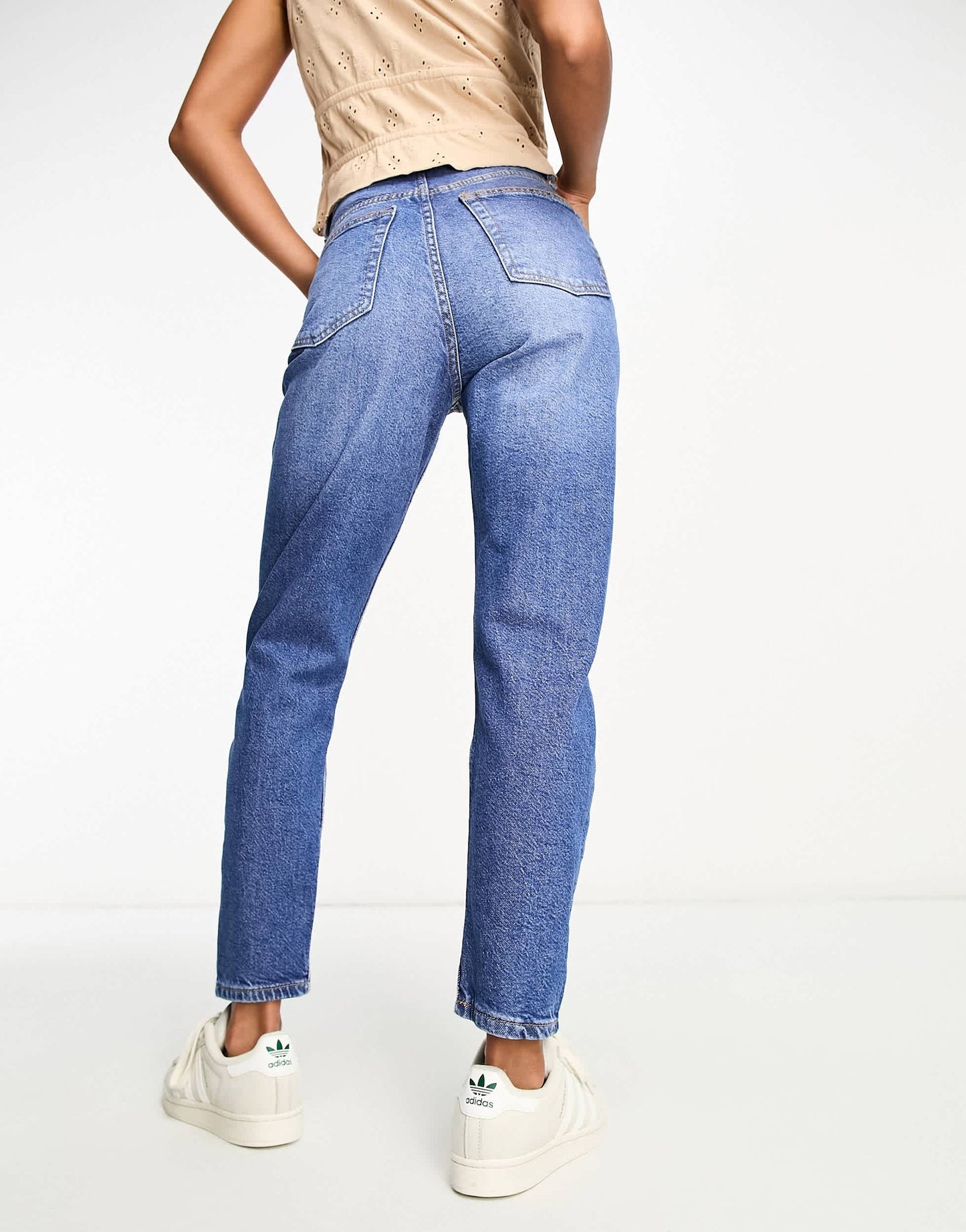Bershka Petite comfort fit mom jean in mid blue