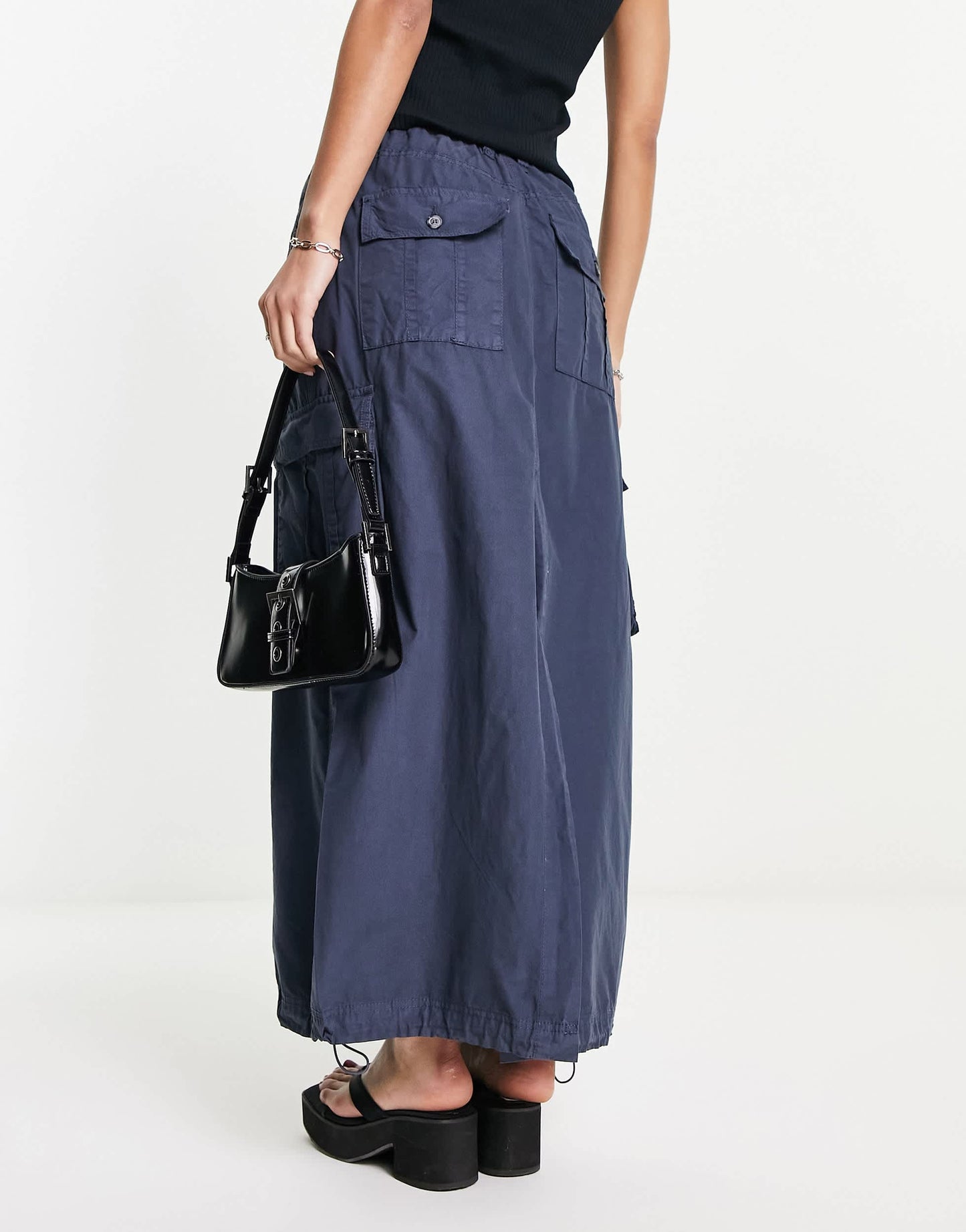 Bershka drawstring waist cargo parachute midi skirt in navy