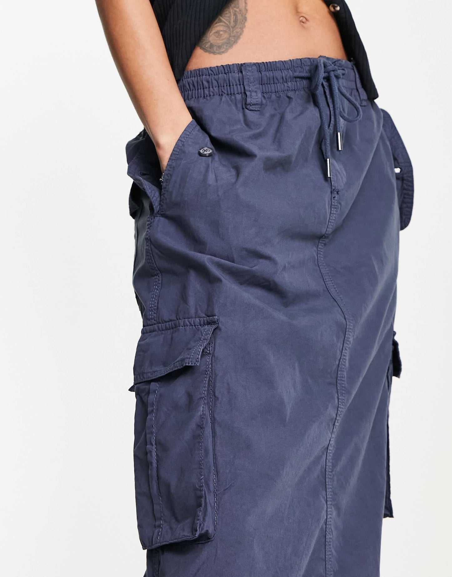 Bershka drawstring waist cargo parachute midi skirt in navy