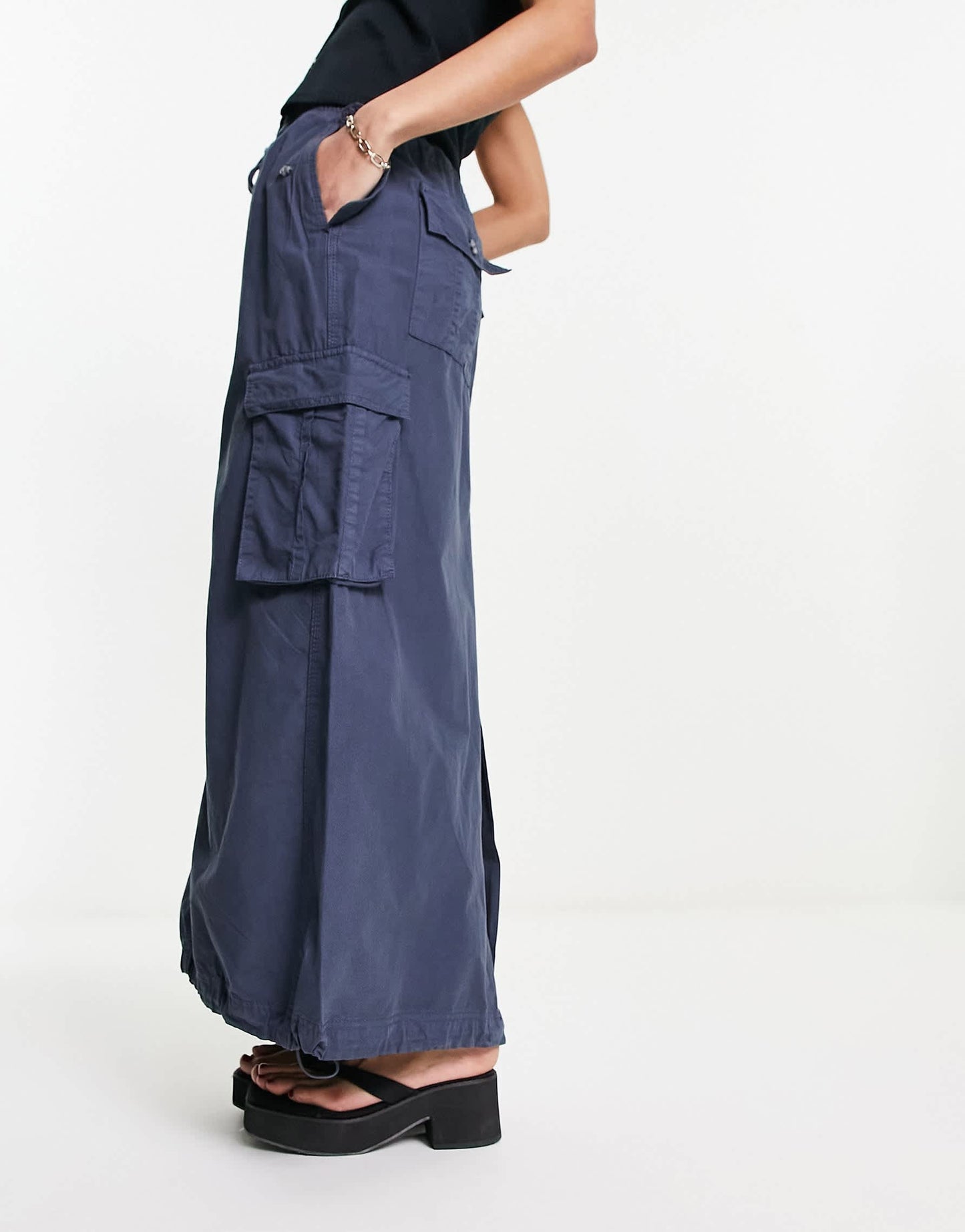 Bershka drawstring waist cargo parachute midi skirt in navy