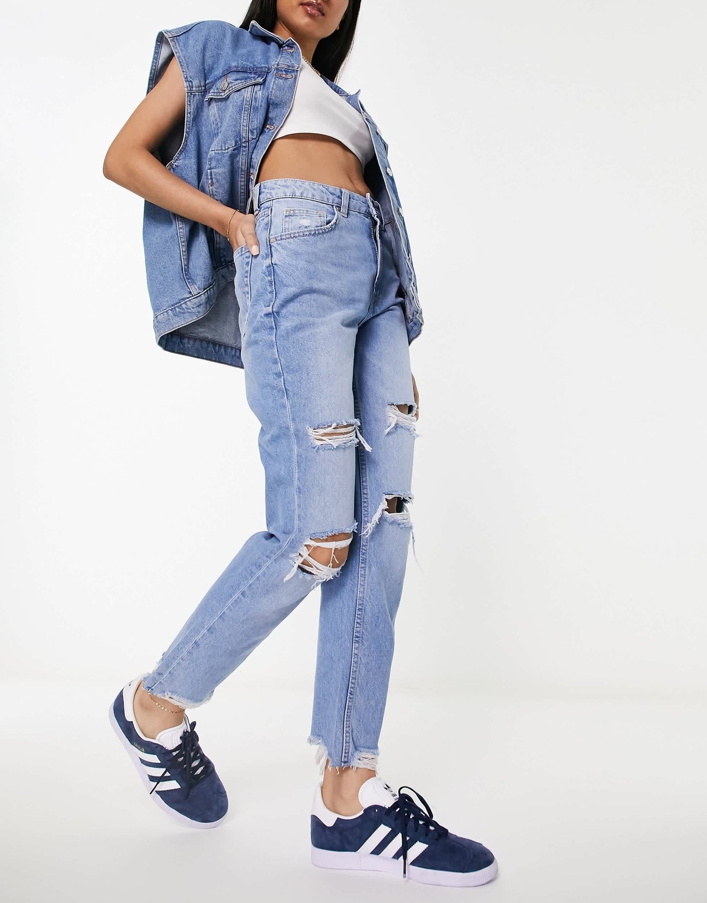Bershka comfort fit mom jean with rips in light blue