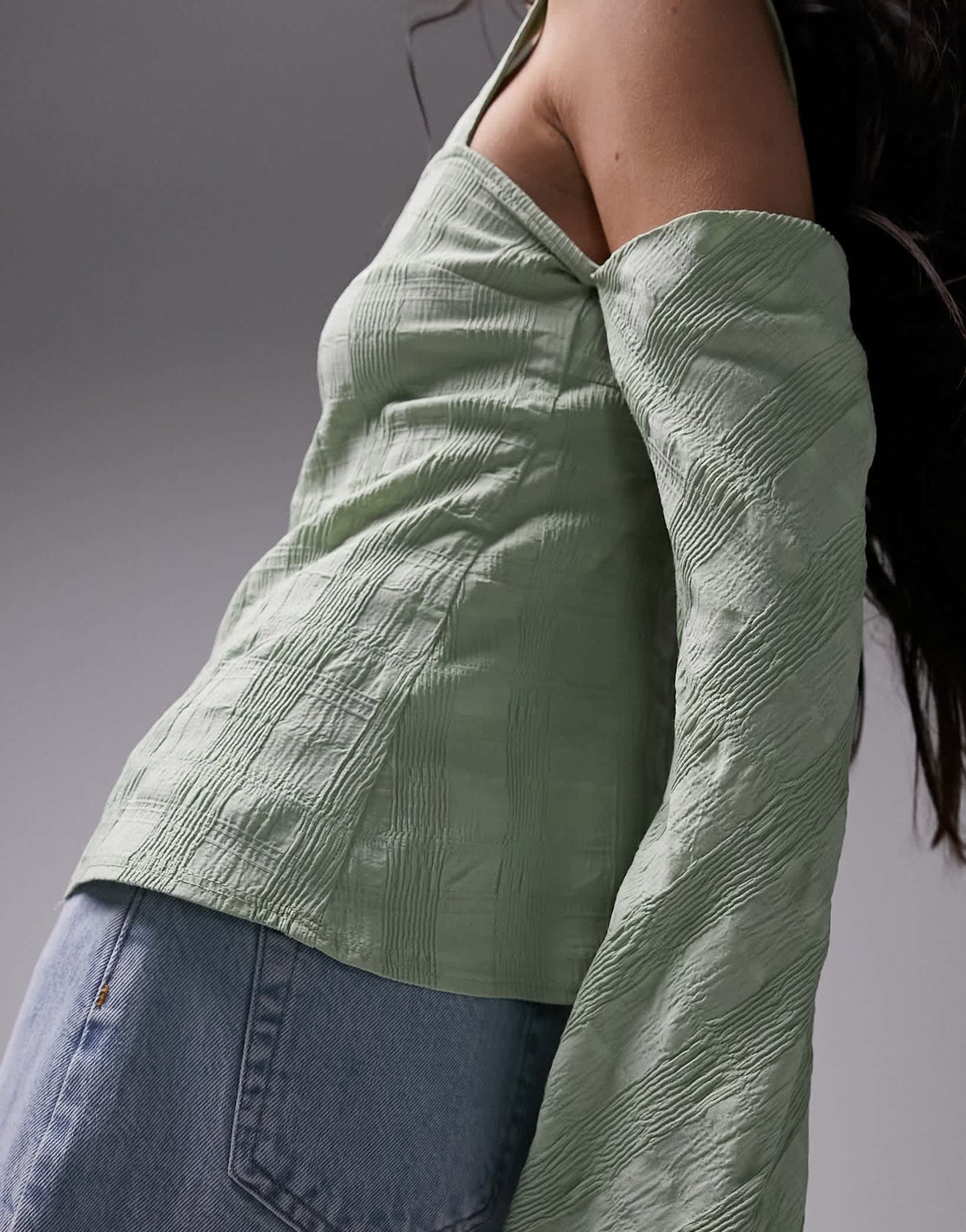 Topshop textured cold shoulder top in sage green