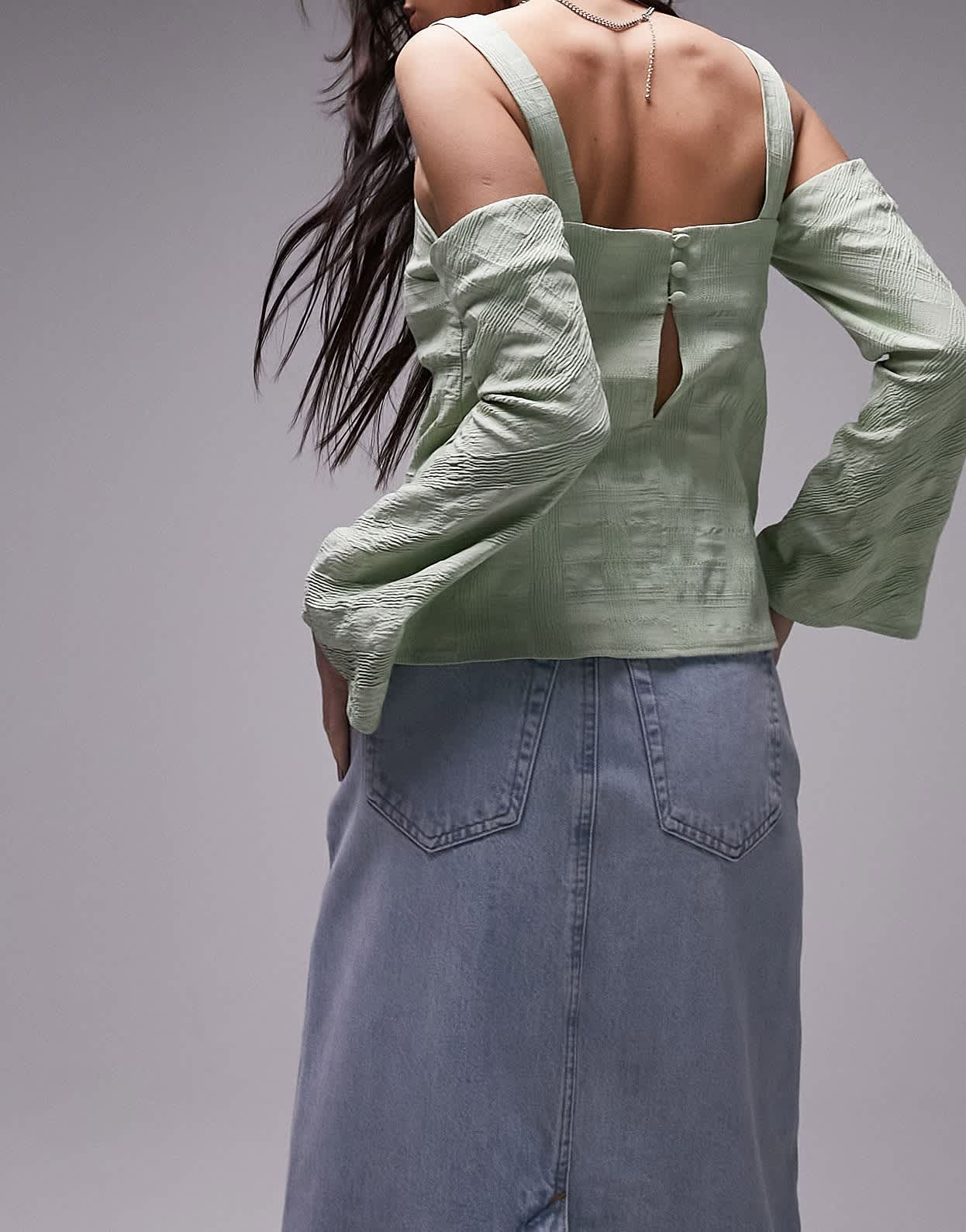 Topshop textured cold shoulder top in sage green