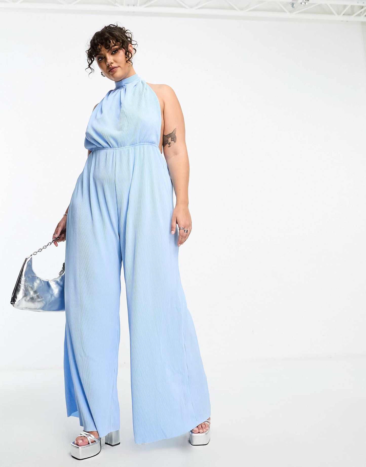 Extro & Vert Plus plisse halterneck extreme wide leg pleated jumpsuit in baby blue