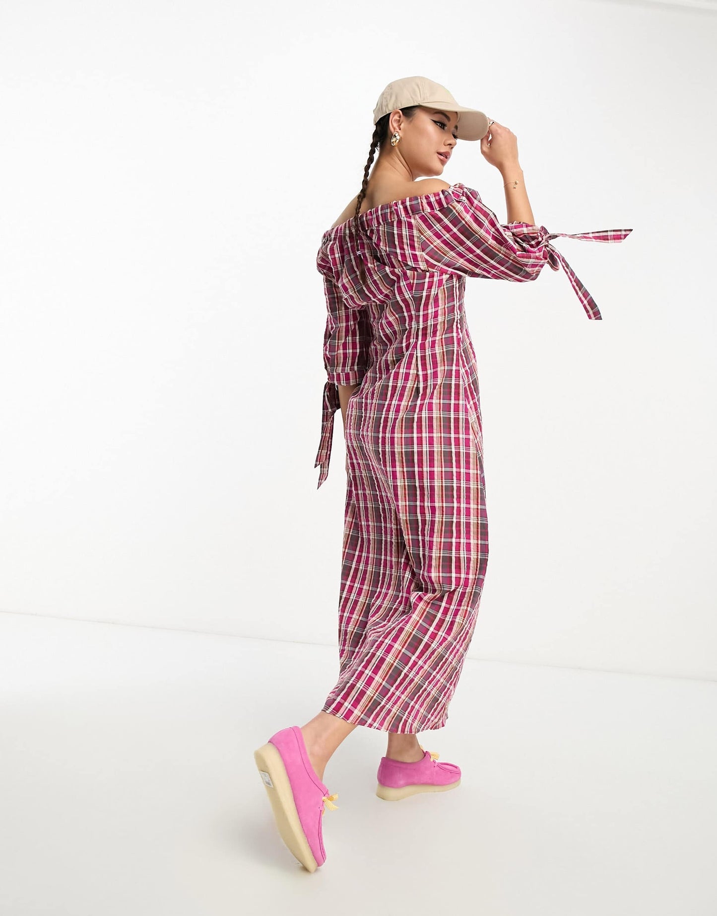 Damson Madder check print bow detail midi dress in raspberry pink
