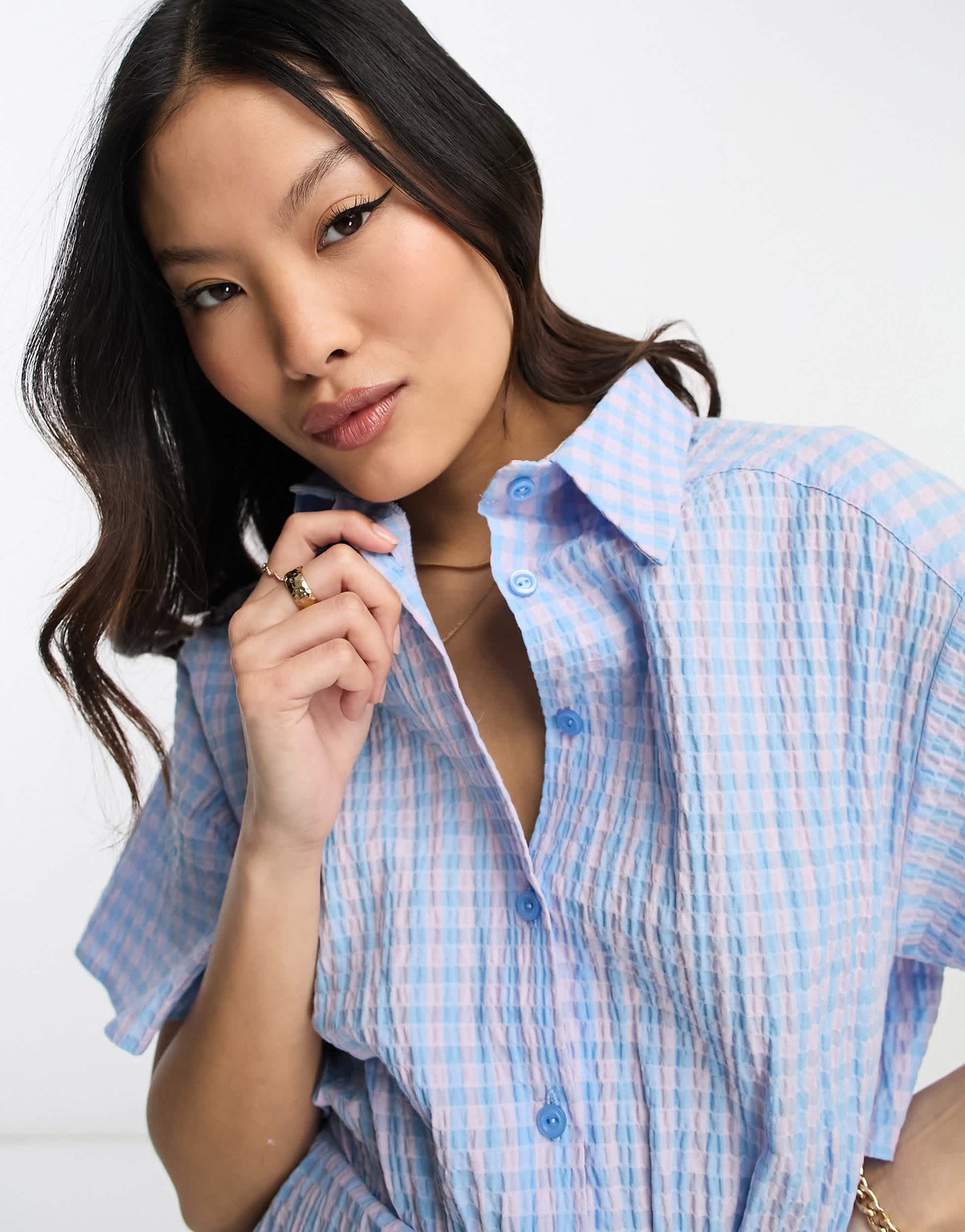 ASOS DESIGN Petite cut out back shirt mini dress with seersucker purple and blue check