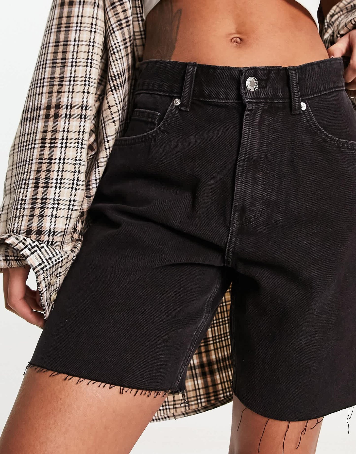 Bershka high waisted raw hem longline denim jorts in black