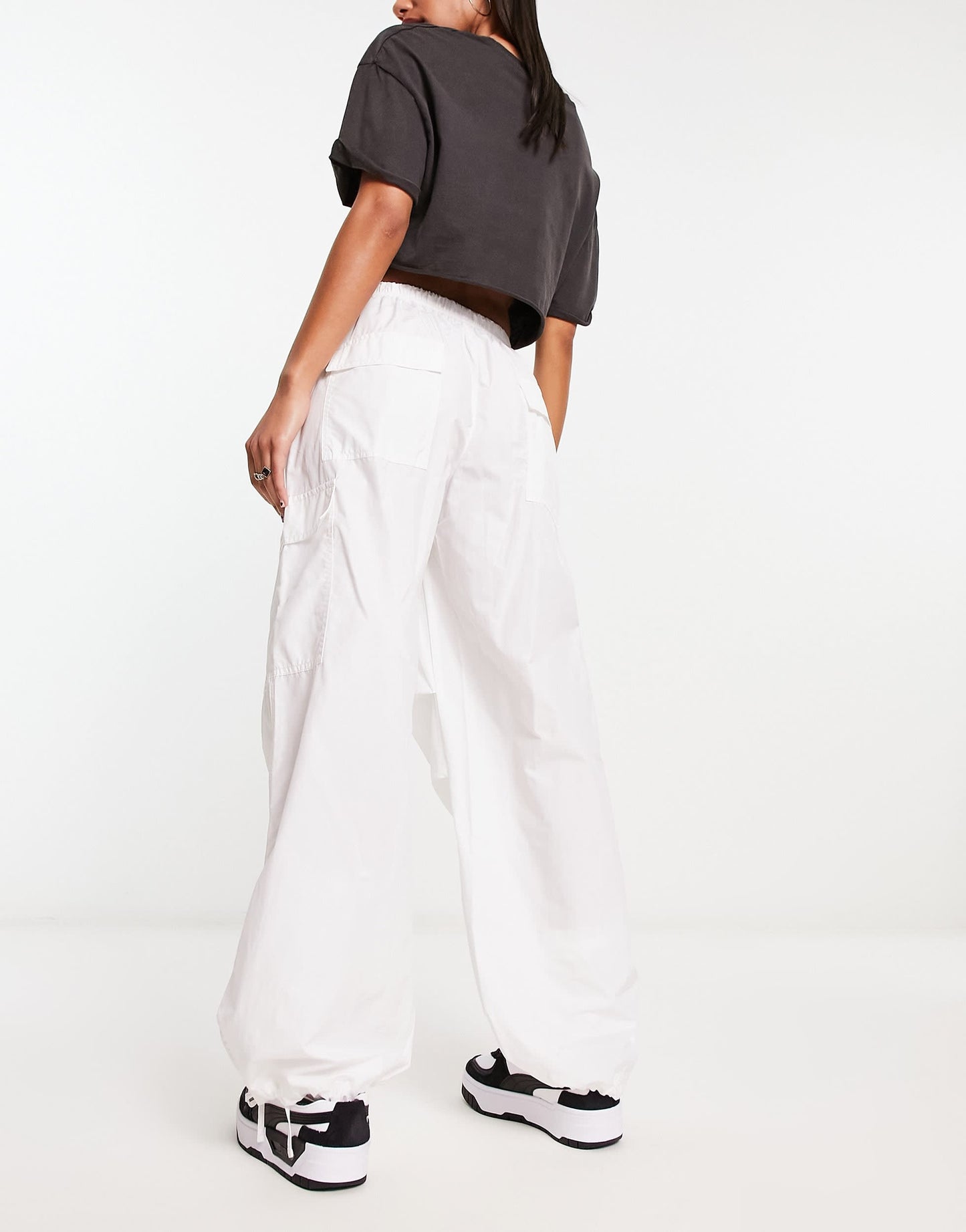Bershka tie waist nylon cargo parachute trousers in white