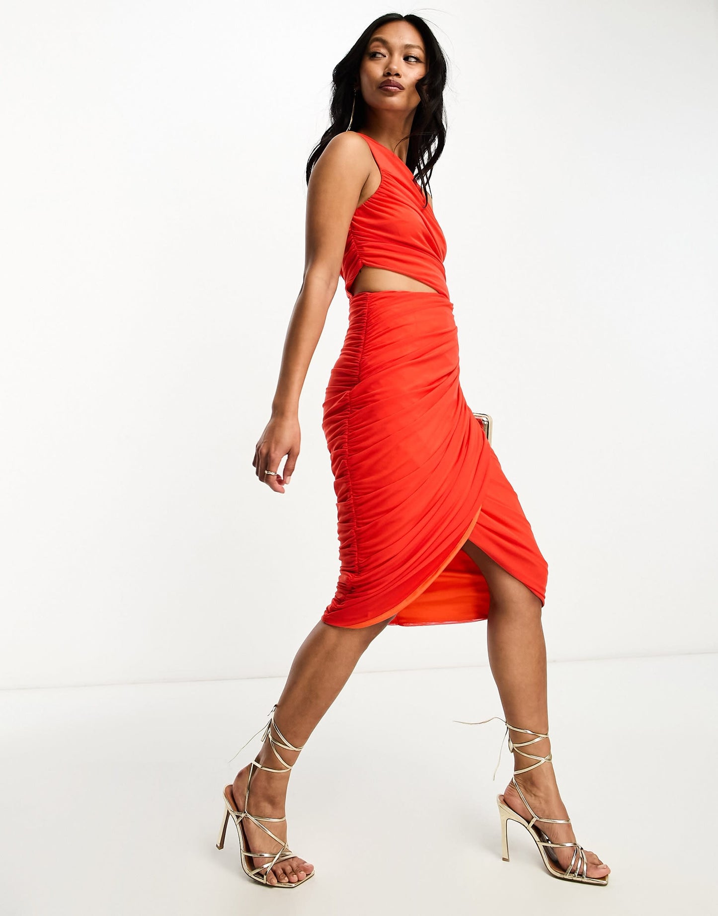 Rare London ruched one shoulder cut out midi dress in red