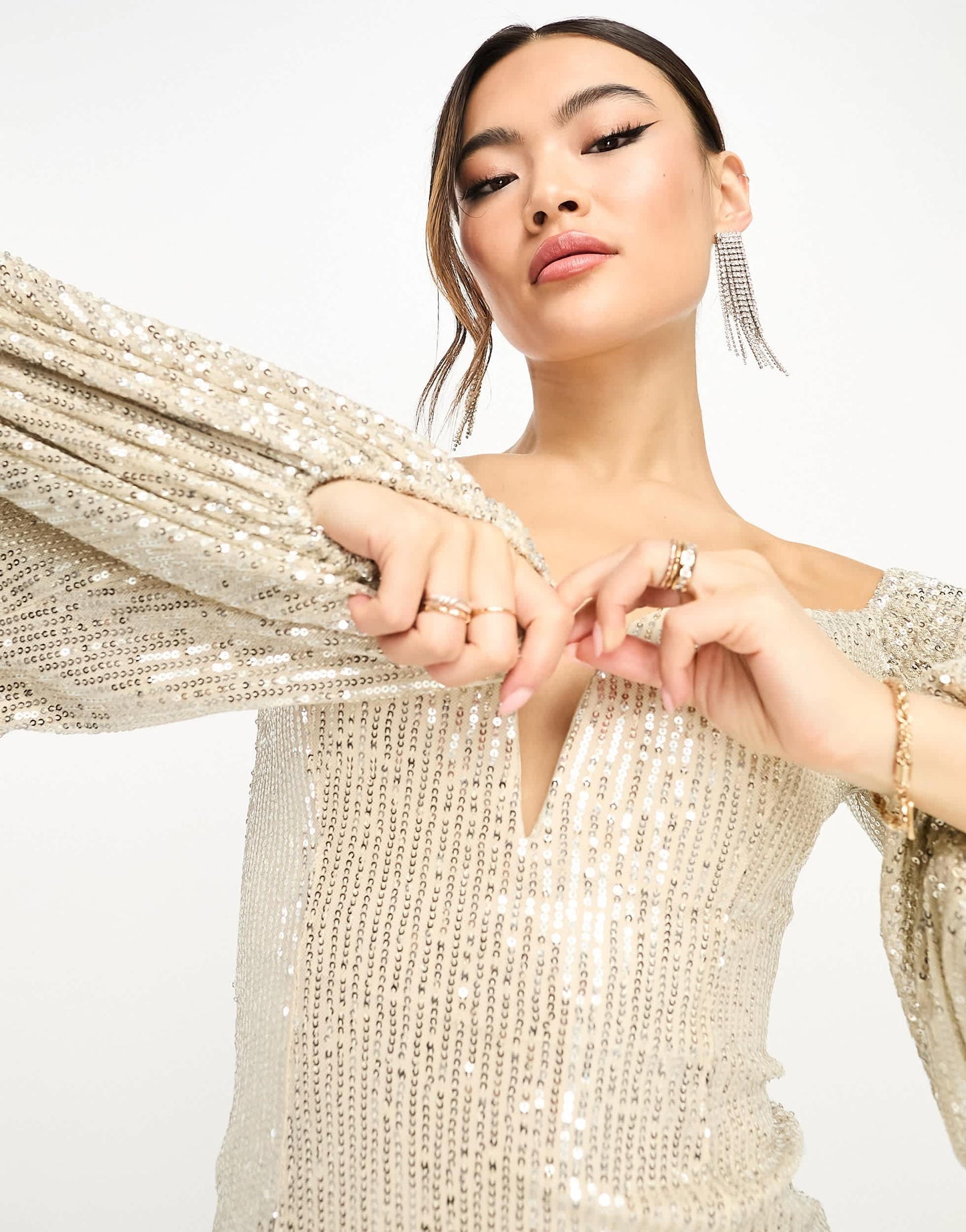 Rare London summer sequin sweetheart balloon sleeve mini dress in light champagne