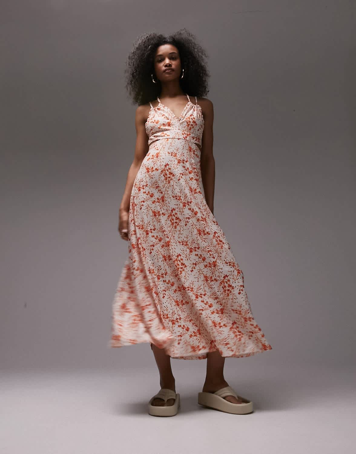 Topshop broderie jersey v-neck midi dress in ivory