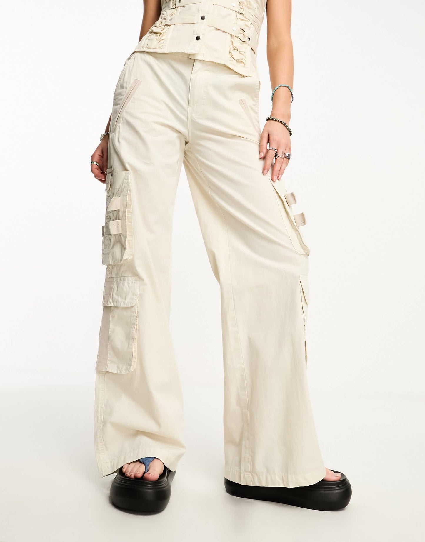 COLLUSION buckle detail parachute trousers co-ord in cream