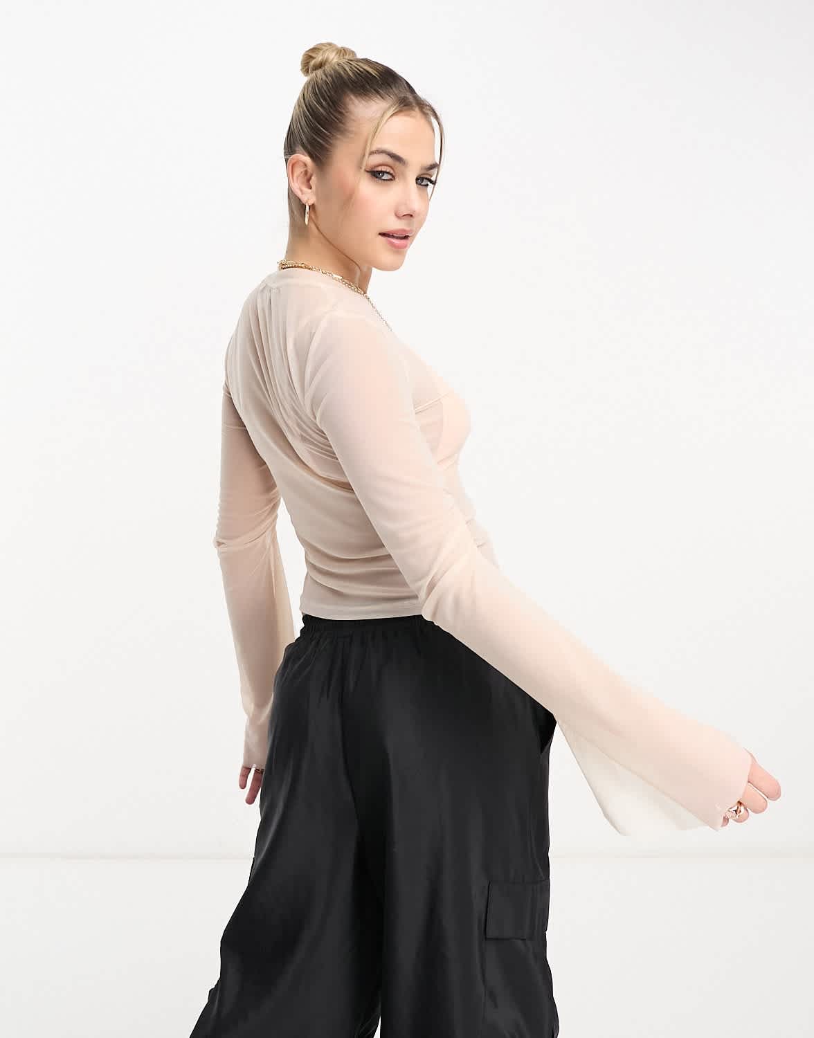 Urban Revivo mesh ruched sleeve crop top in white