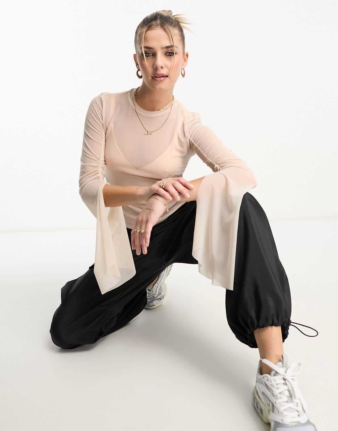 Urban Revivo mesh ruched sleeve crop top in white
