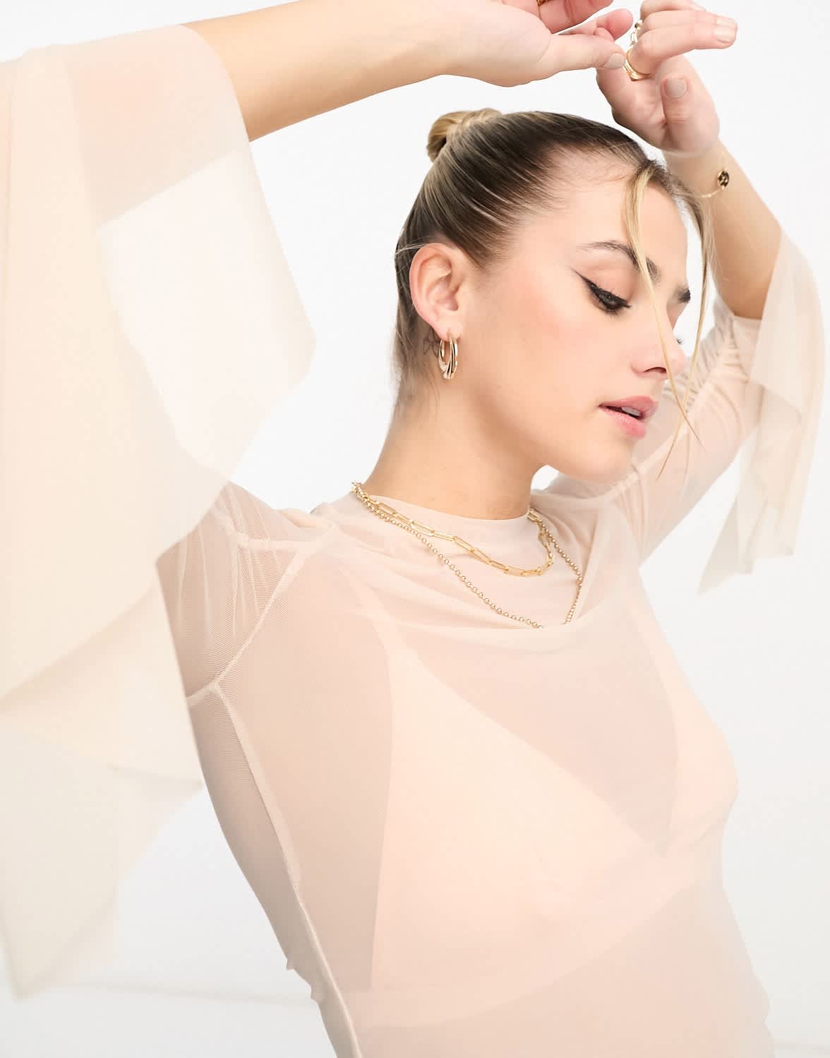 Urban Revivo mesh ruched sleeve crop top in white