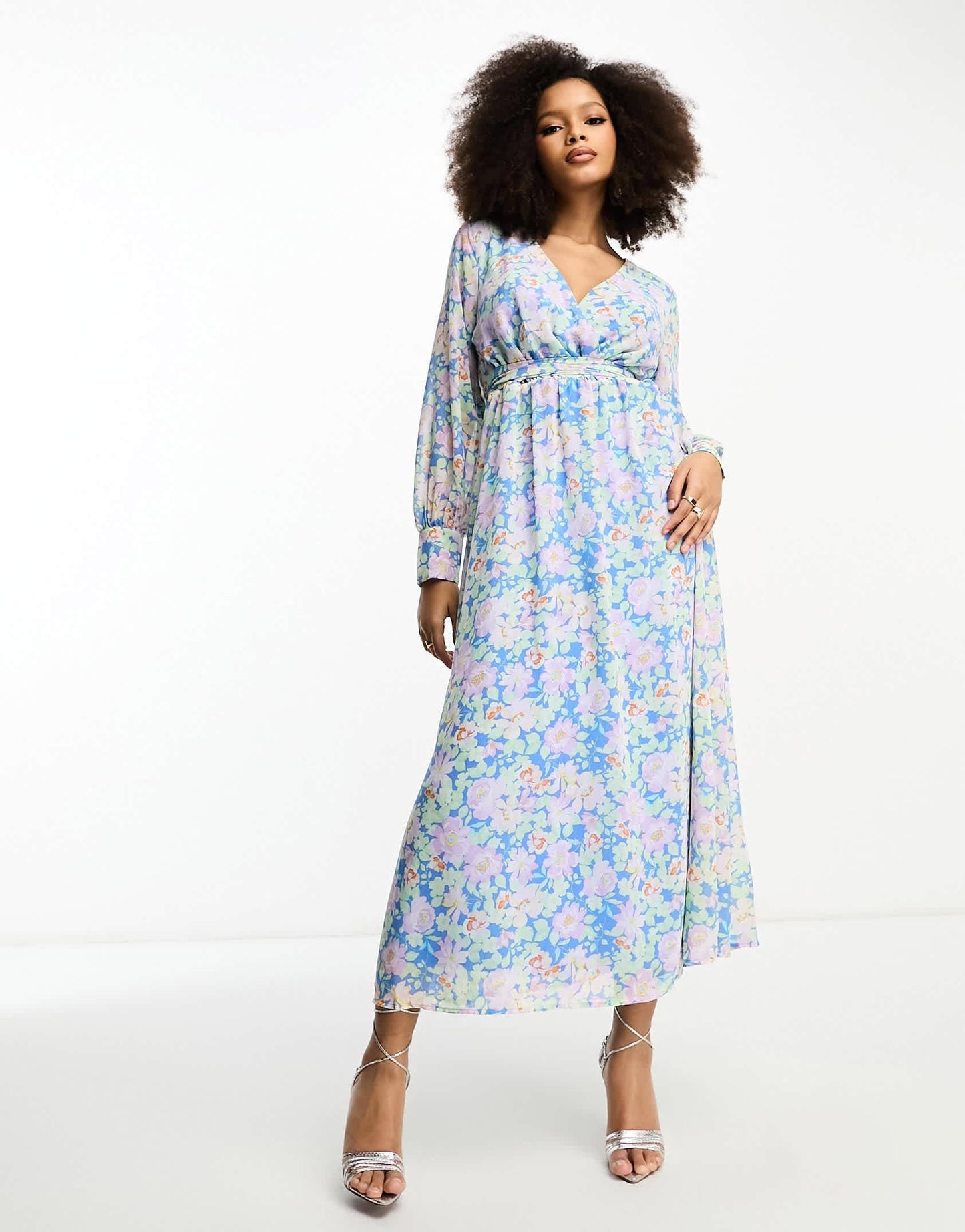 Vila tie waist midi dress in pastel blue floral