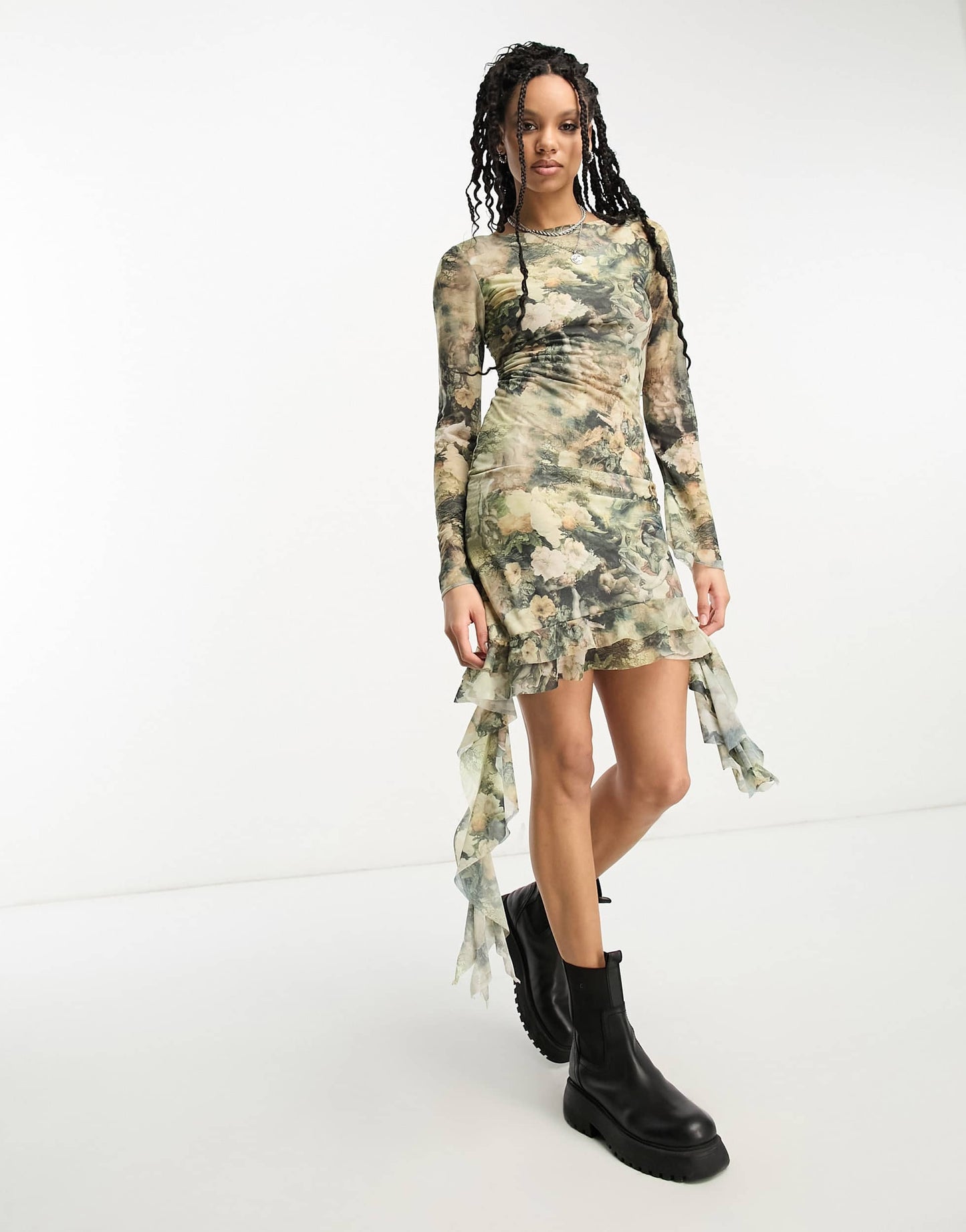 ASOS DESIGN chiffon long sleeve mini dress with ruffle hem in grungey floral print