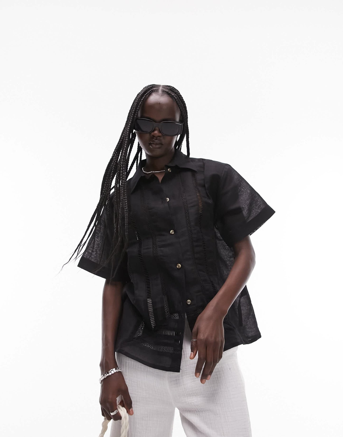 Topshop short sleeve ladder insert shirt in black
