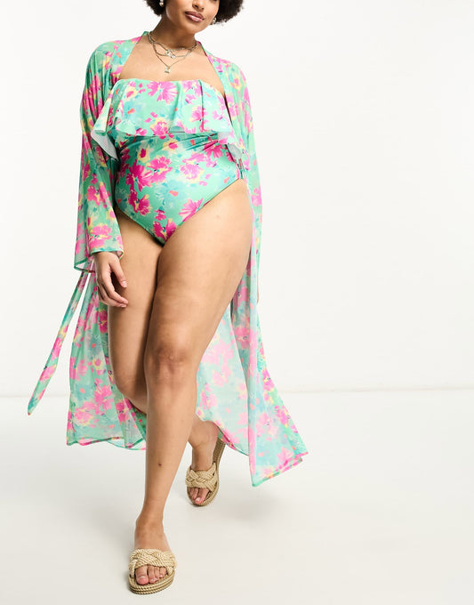 Brave Soul Plus maxi beach kimono in green and pink floral print