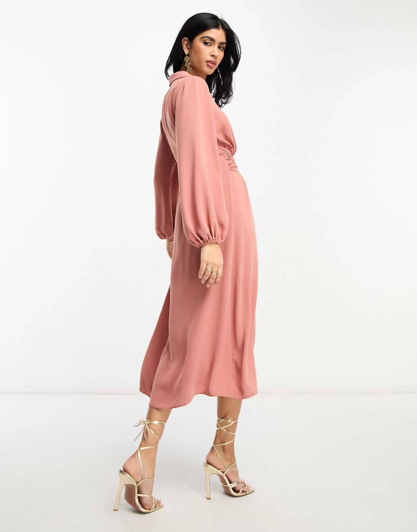 ASOS DESIGN wrap front collar long sleeve midi dress with tie waist in terracotta