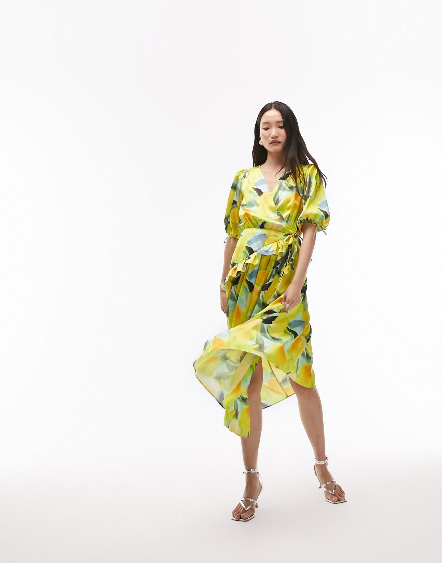 Topshop floral midi wrap occasion dress in yellow floral print