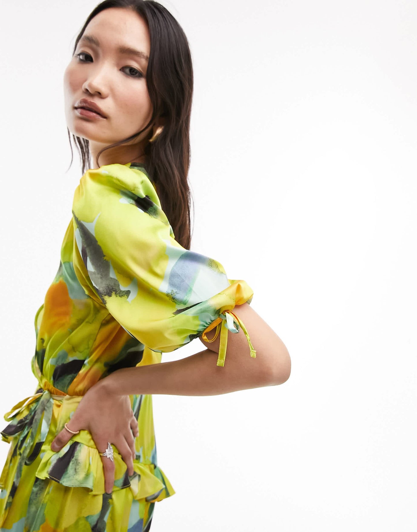 Topshop floral midi wrap occasion dress in yellow floral print