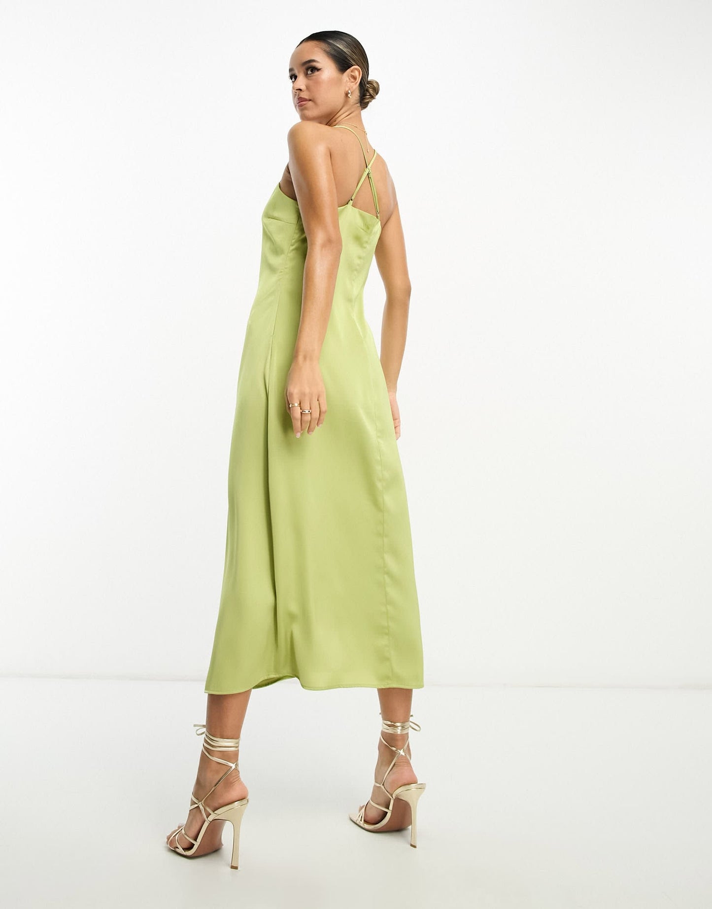 Lola May satin cross back midi dress in chartreuse