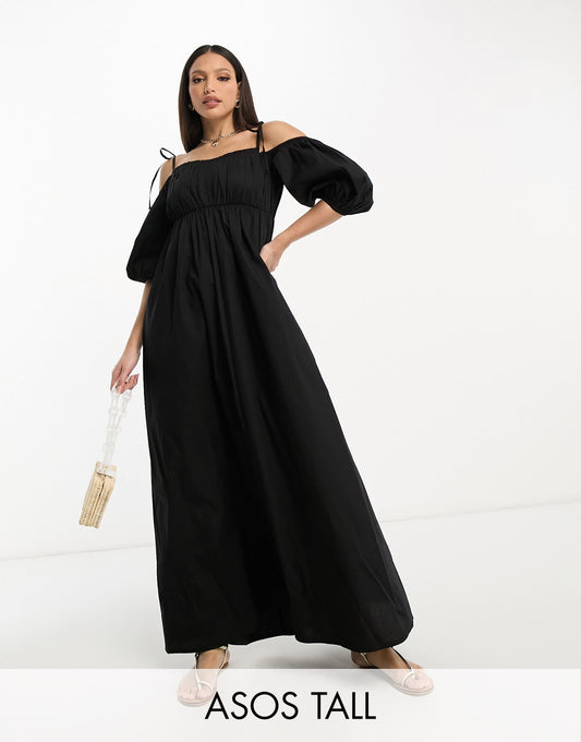 ASOS DESIGN Tall off shoulder cotton maxi dress with ruched bust detail in black
