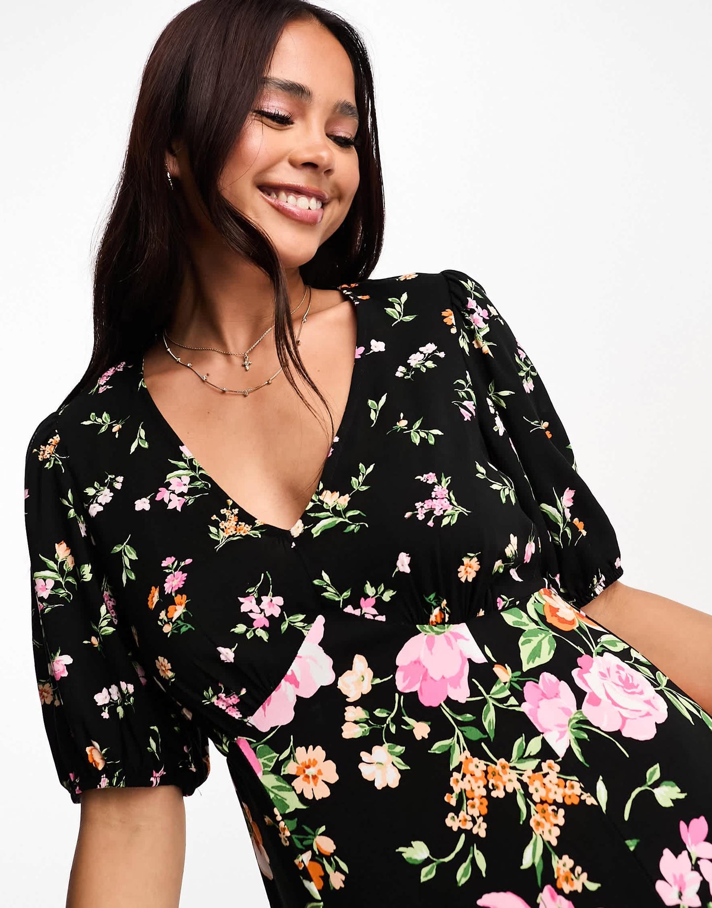 New Look v neck mixed floral midi dress in black