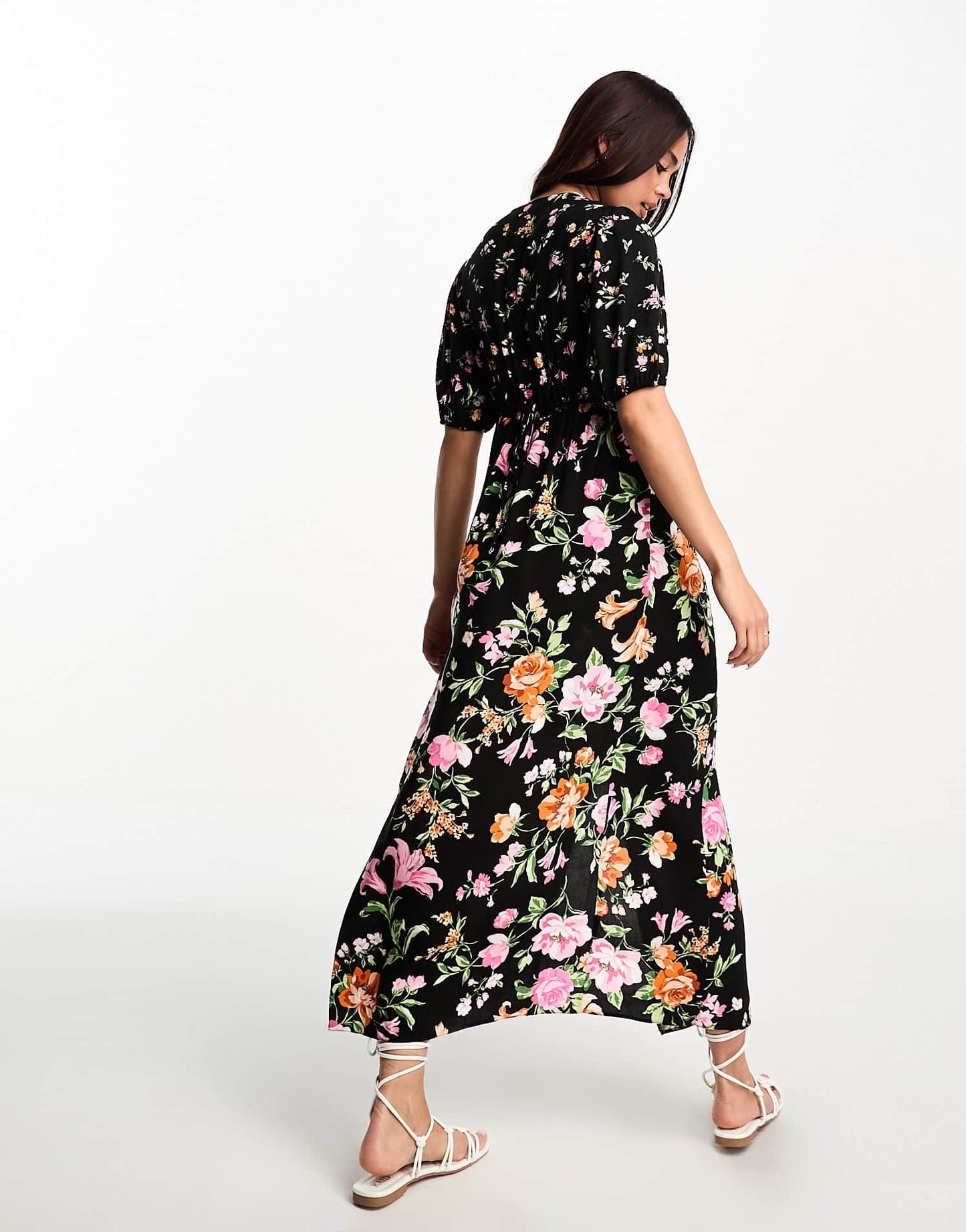 New Look v neck mixed floral midi dress in black