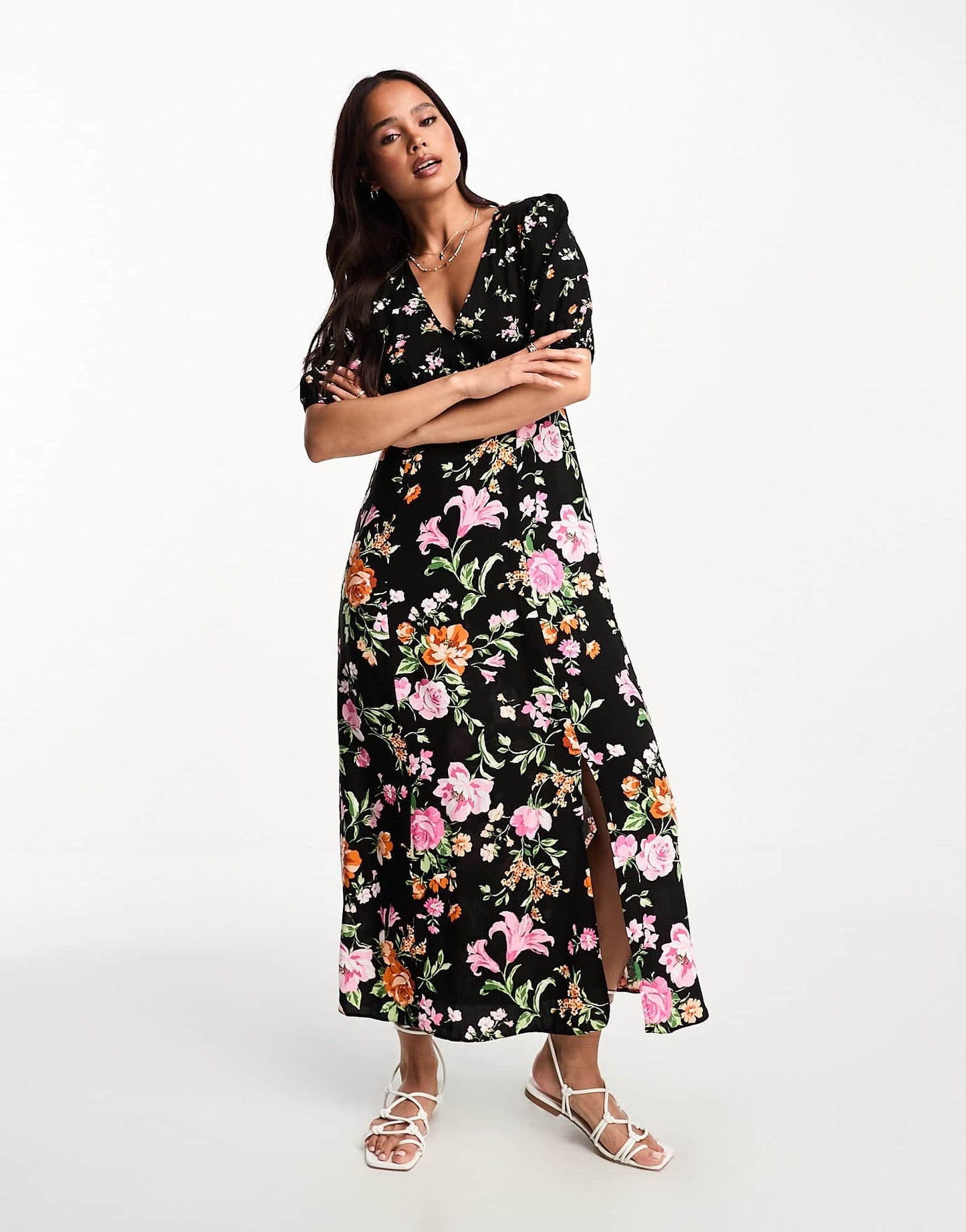 New Look v neck mixed floral midi dress in black